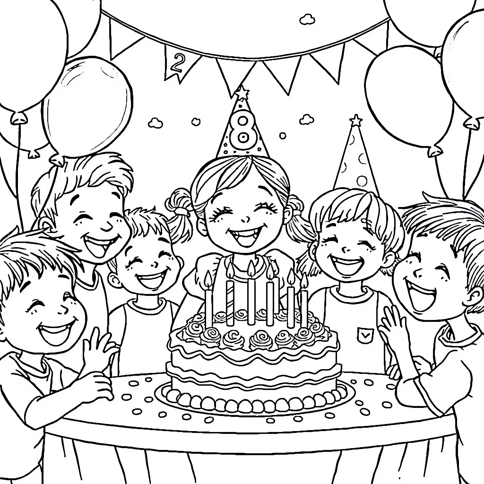Girl Celebrating Birthday with Friends and Cake Coloring Page (free black-and-white line drawing printable PDF for all, from beginners to advanced learners, including children, teens, adults, and seniors)