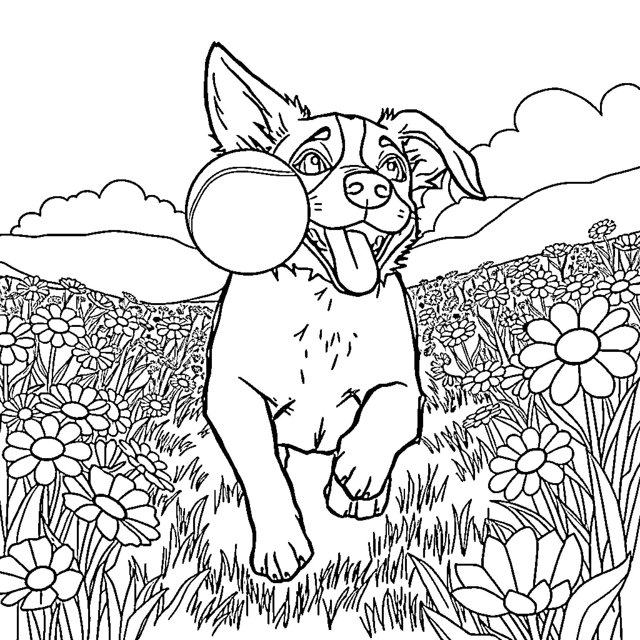Dog exploring a colorful floral field Coloring Page (free black-and-white line drawing printable PDF for all, from beginners to advanced learners, including children, teens, adults, and seniors)