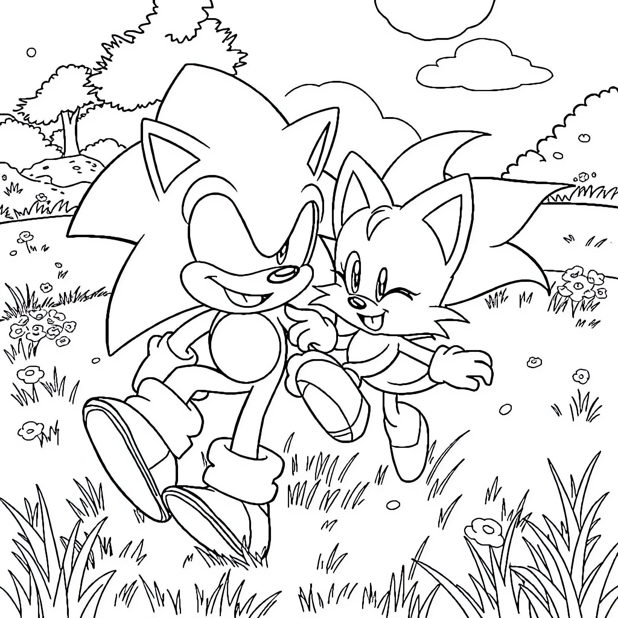 Sonic and Tails Explore the Countryside Coloring Page (free black-and-white line drawing printable PDF for all, from beginners to advanced learners, including children, teens, adults, and seniors)