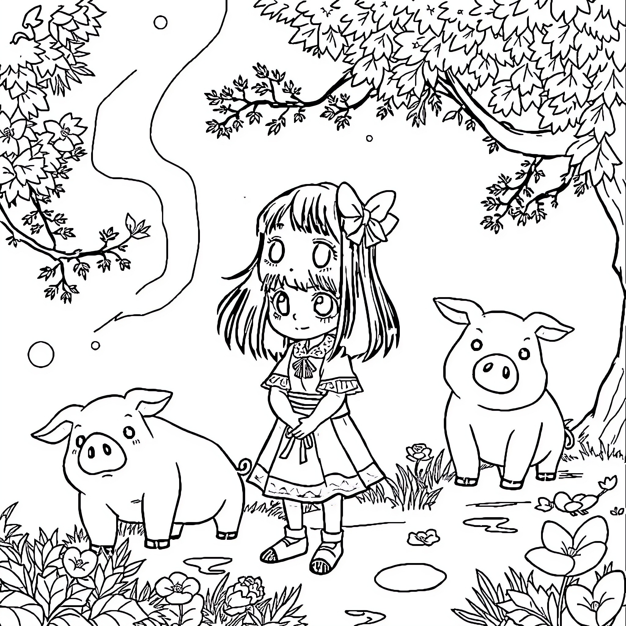 Spirited Away: Girl befriends enchanted pigs in the forest Coloring Page (free black-and-white line drawing printable PDF for all, from beginners to advanced learners, including children, teens, adults, and seniors)