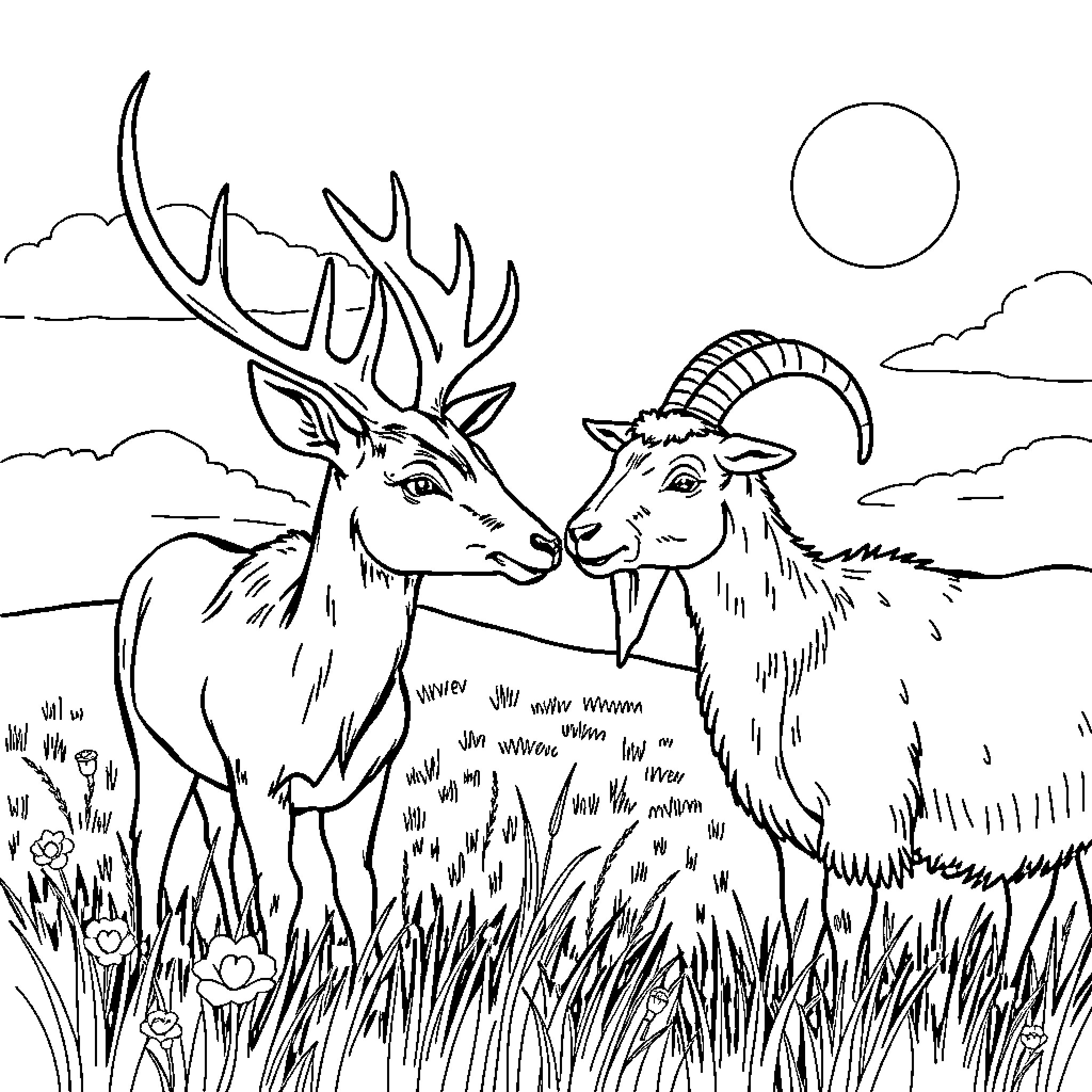 Deer and Bighorn Sheep in the Wilderness Coloring Page (free black-and-white line drawing printable PDF for all, from beginners to advanced learners, including children, teens, adults, and seniors)