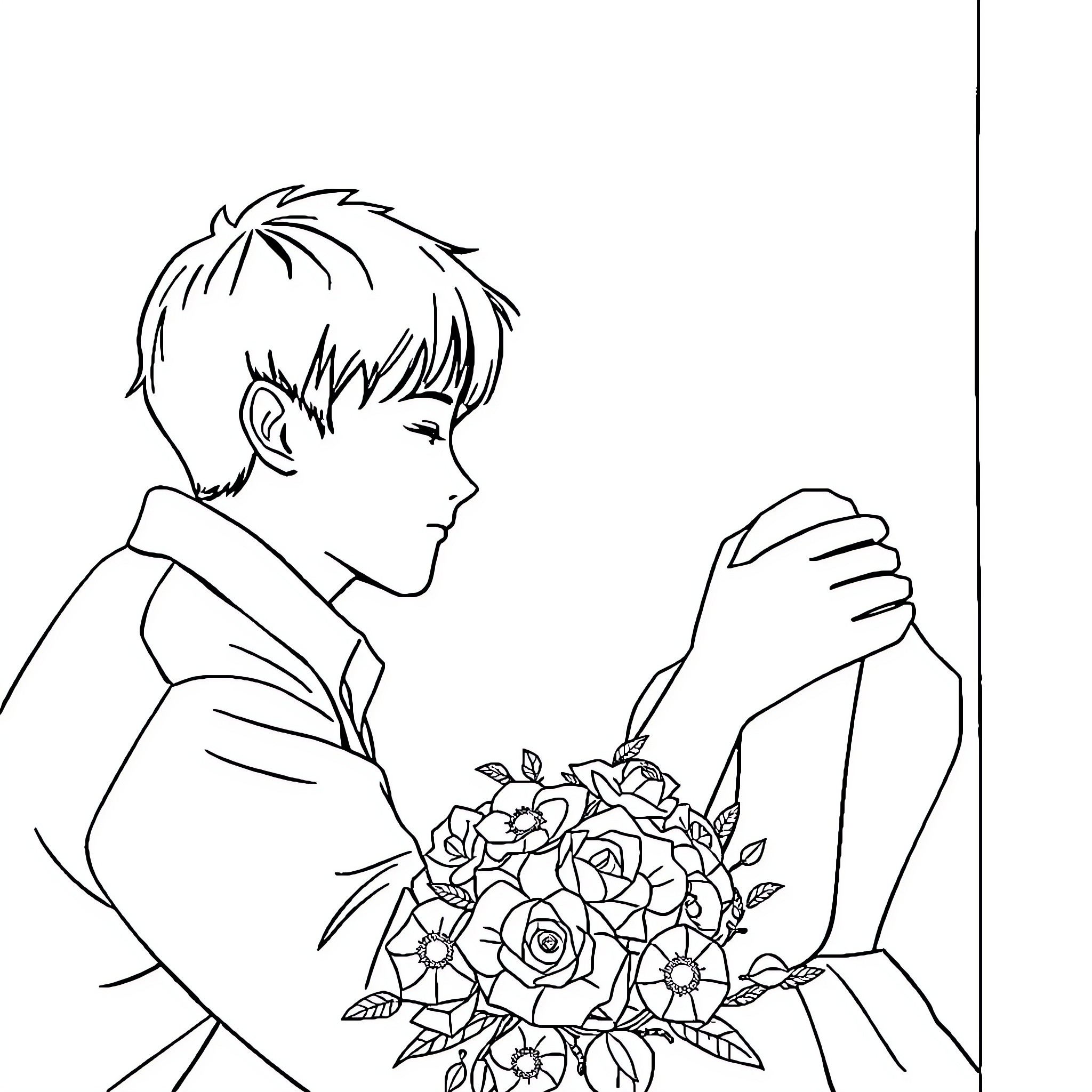 K Drama Romantic Character Holding Flowers Coloring Page (free black-and-white line drawing printable PDF for all, from beginners to advanced learners, including children, teens, adults, and seniors)