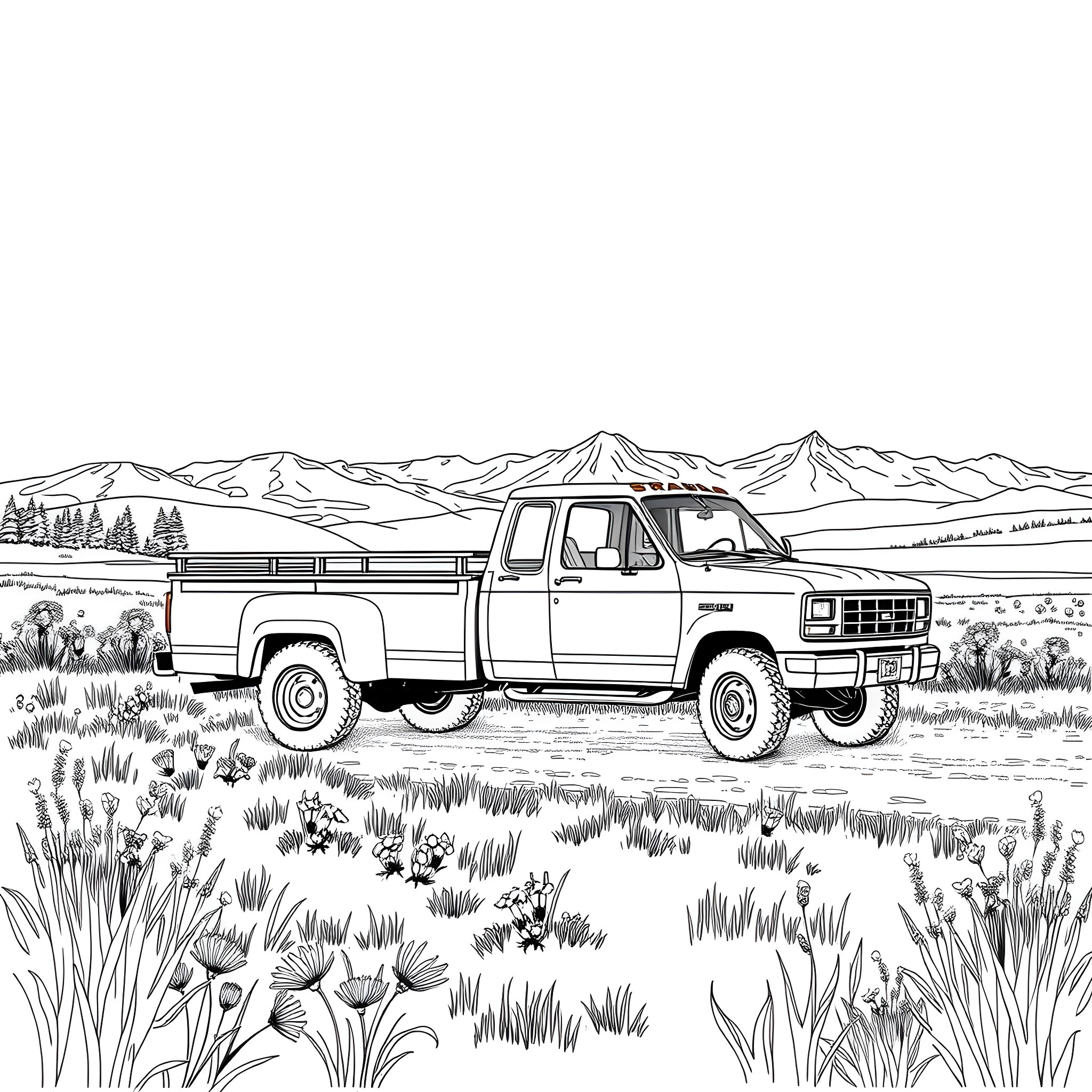Stepside pickup truck in a rural mountain landscape Coloring Page (free black-and-white line drawing printable PDF for all, from beginners to advanced learners, including children, teens, adults, and seniors)