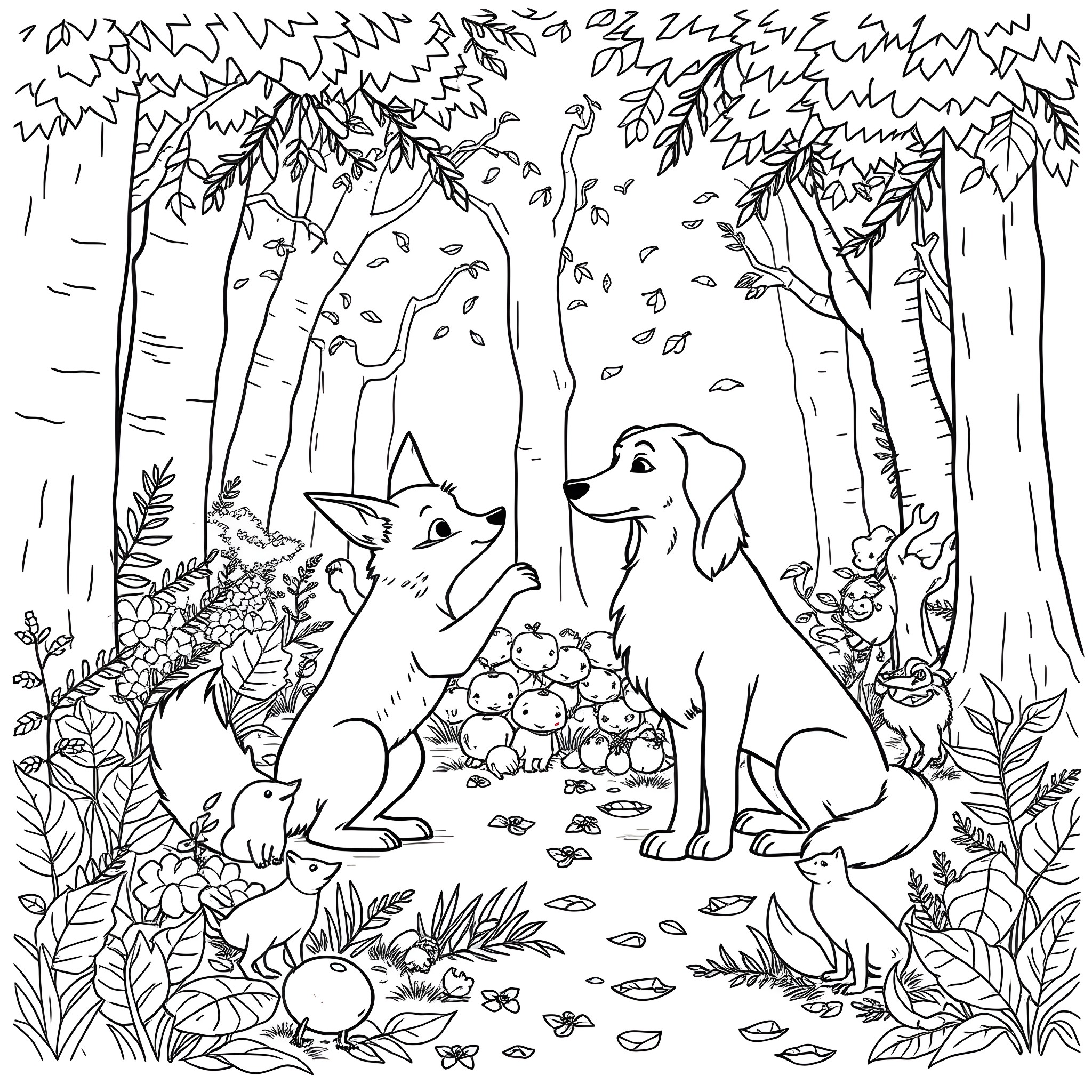 Fox and Hound exploring the enchanted forest Coloring Page (free black-and-white line drawing printable PDF for all, from beginners to advanced learners, including children, teens, adults, and seniors)