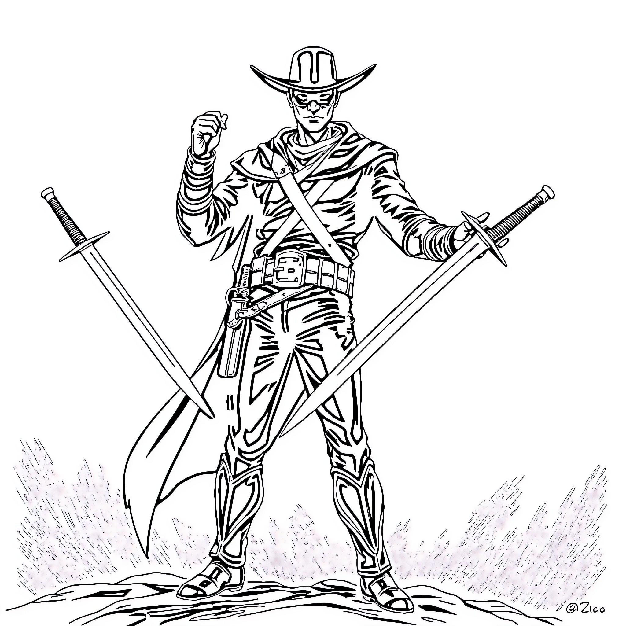 Zorro, the Masked Swordsman in Action Coloring Page (free black-and-white line drawing printable PDF for all, from beginners to advanced learners, including children, teens, adults, and seniors)