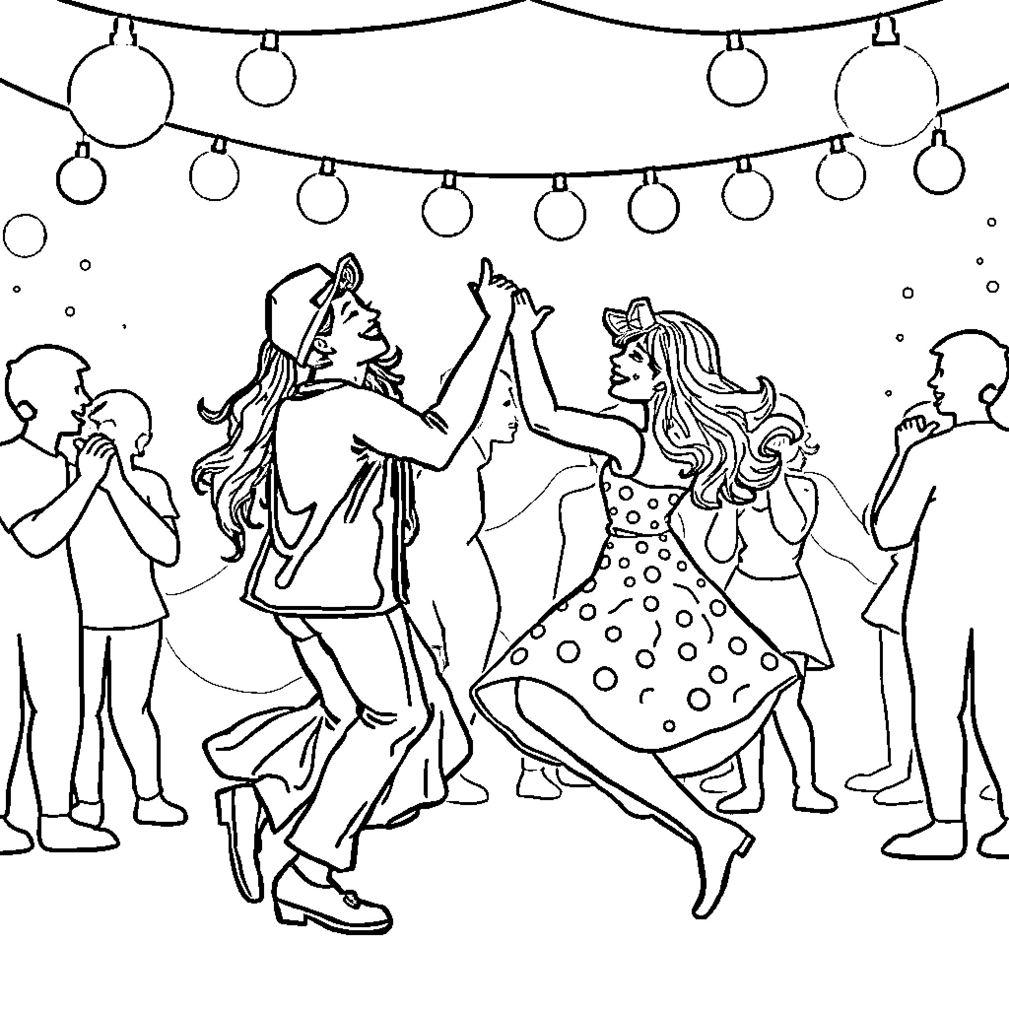 Tralalero Dance Party under Glittering Lights Coloring Page (free black-and-white line drawing printable PDF for all, from beginners to advanced learners, including children, teens, adults, and seniors)