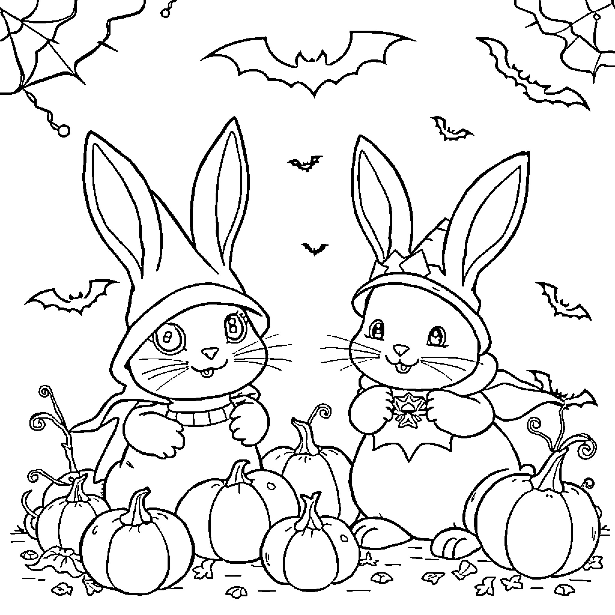 Bunnies in Halloween Costumes with Pumpkins Coloring Page (free black-and-white line drawing printable PDF for all, from beginners to advanced learners, including children, teens, adults, and seniors)