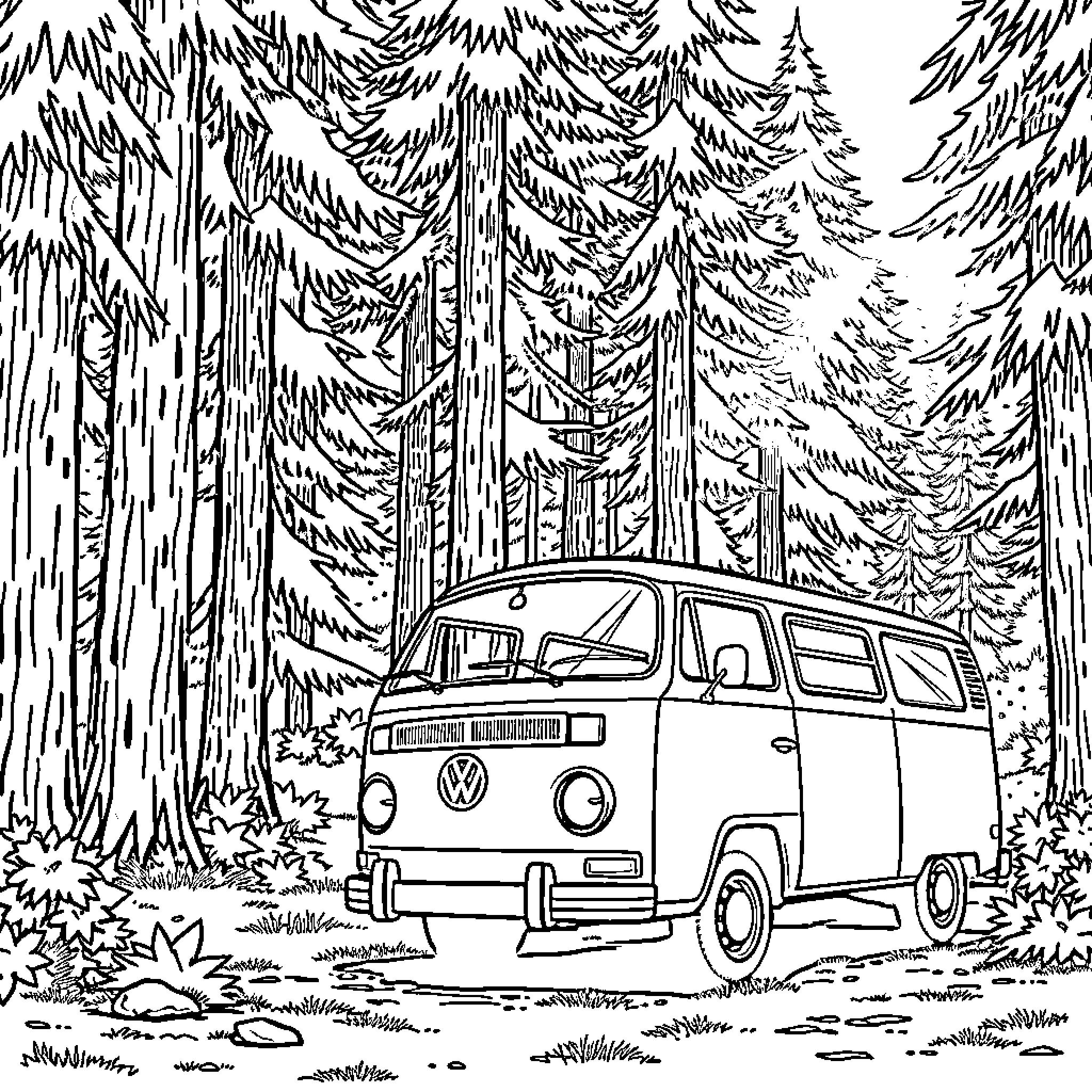Camper Van in the Forested Wilderness Coloring Page (free black-and-white line drawing printable PDF for all, from beginners to advanced learners, including children, teens, adults, and seniors)