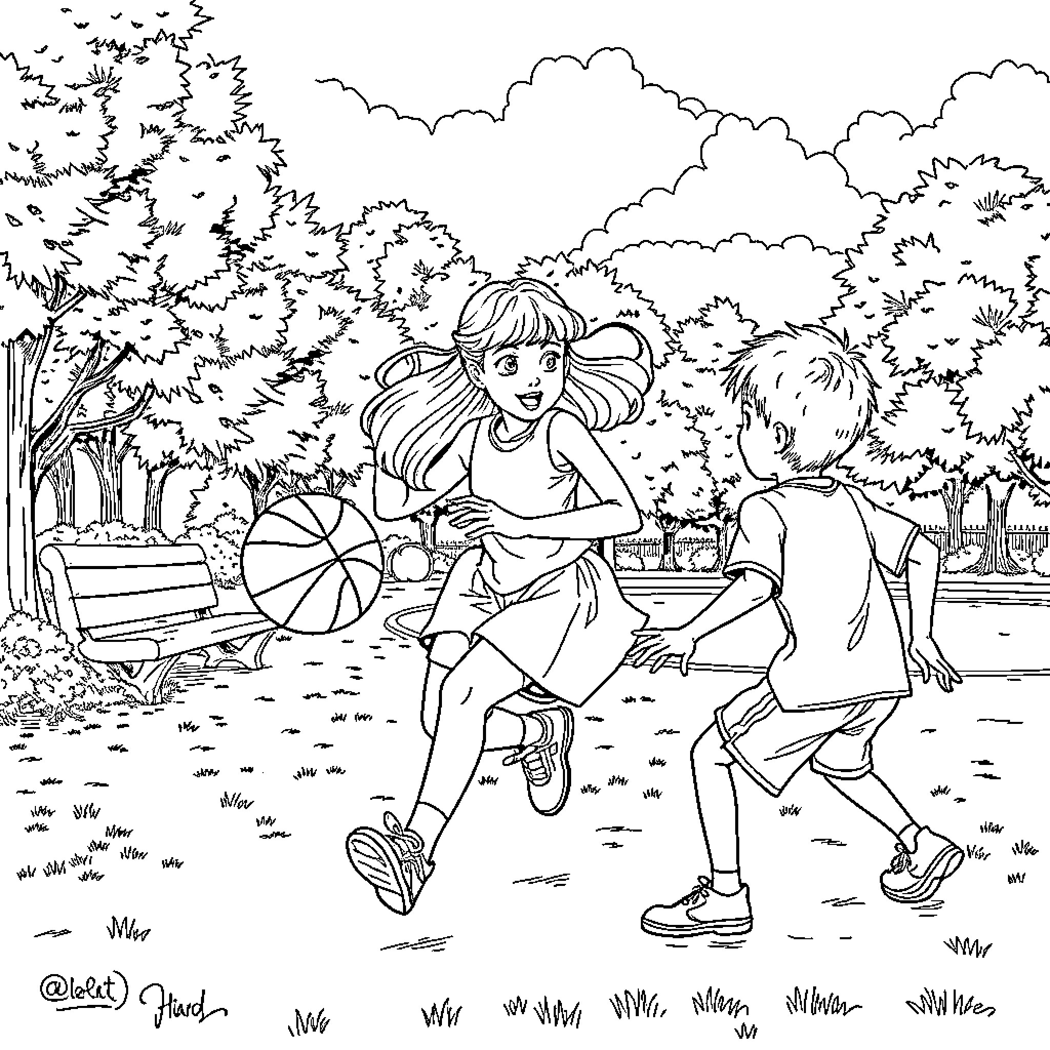 Female children playing joyfully in the park Coloring Page (free black-and-white line drawing printable PDF for all, from beginners to advanced learners, including children, teens, adults, and seniors)