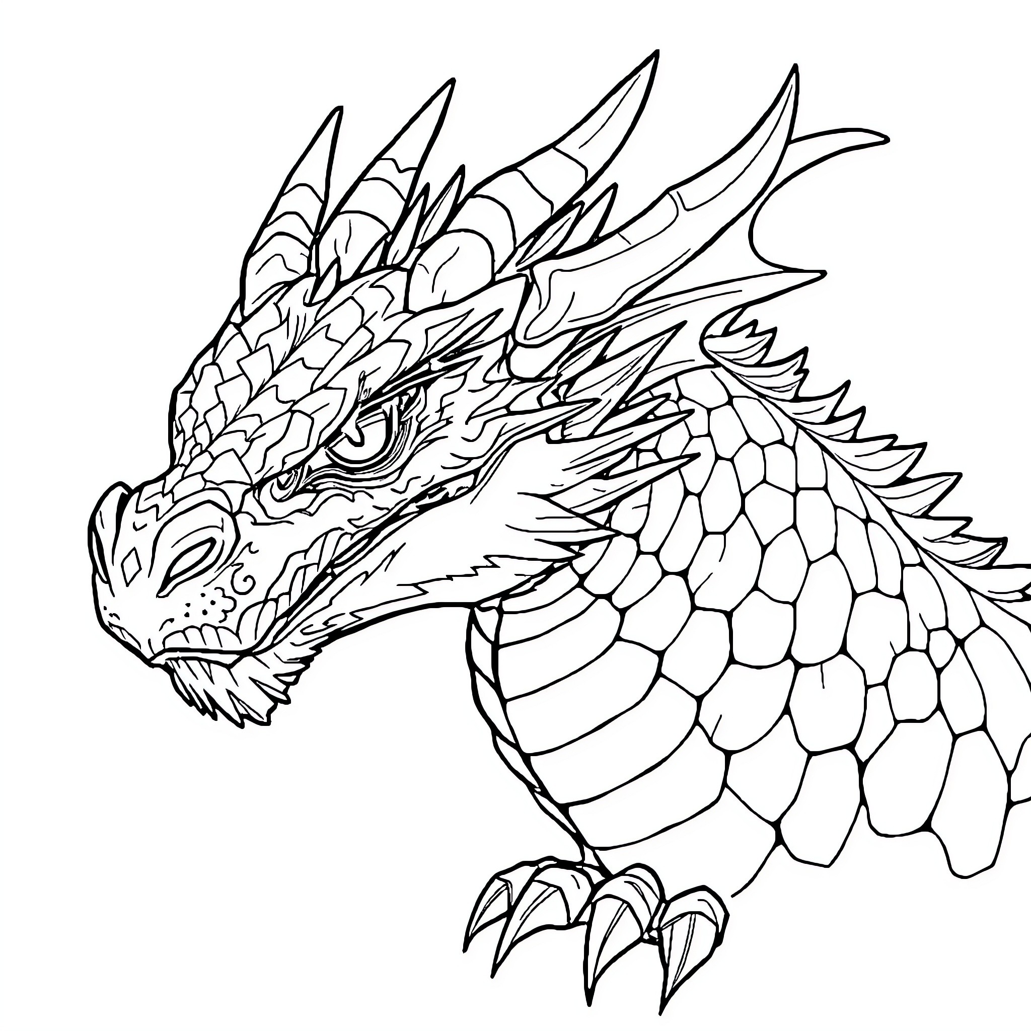 Dragon fierce and intimidating Coloring Page (free black-and-white line drawing printable PDF for all, from beginners to advanced learners, including children, teens, adults, and seniors)