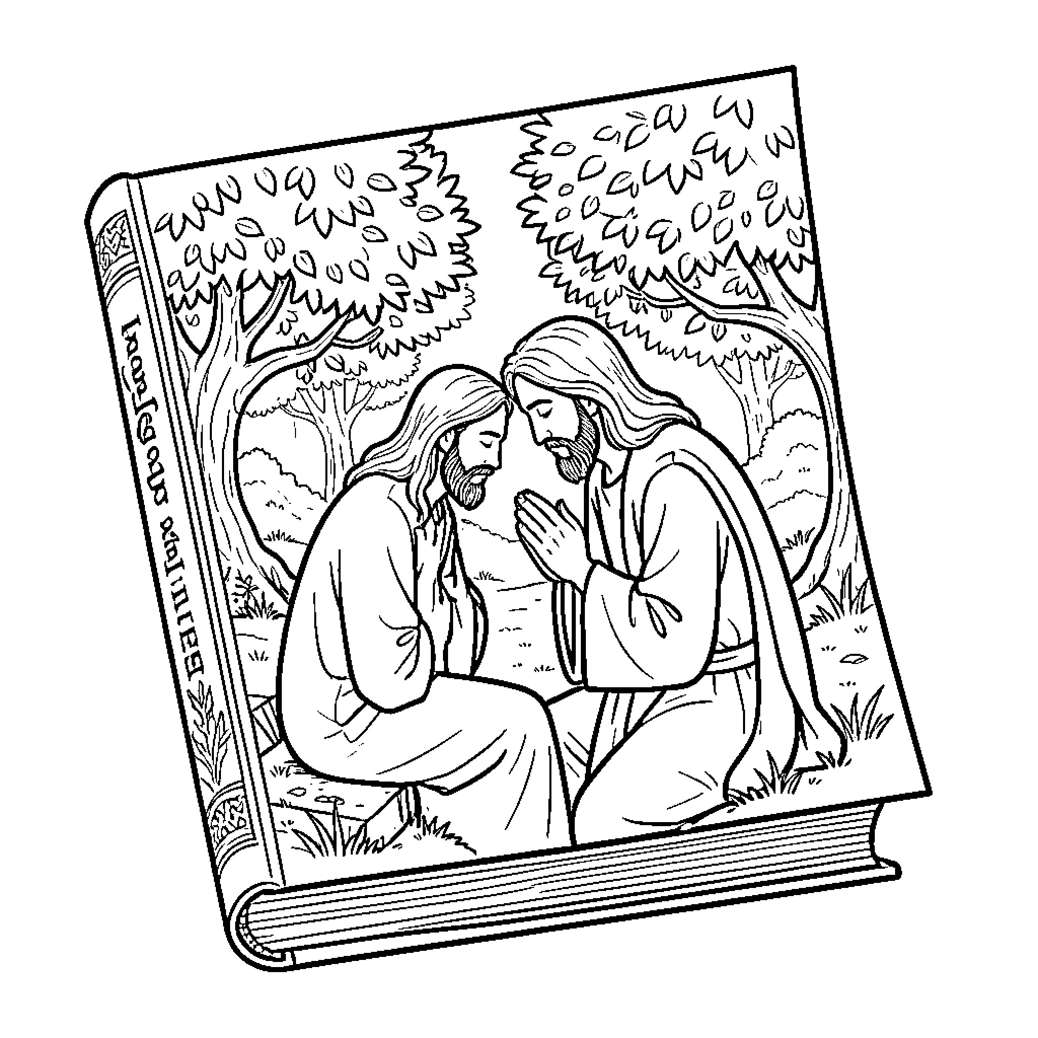 Jesus praying peacefully in a serene garden setting Coloring Page (free black-and-white line drawing printable PDF for all, from beginners to advanced learners, including children, teens, adults, and seniors)