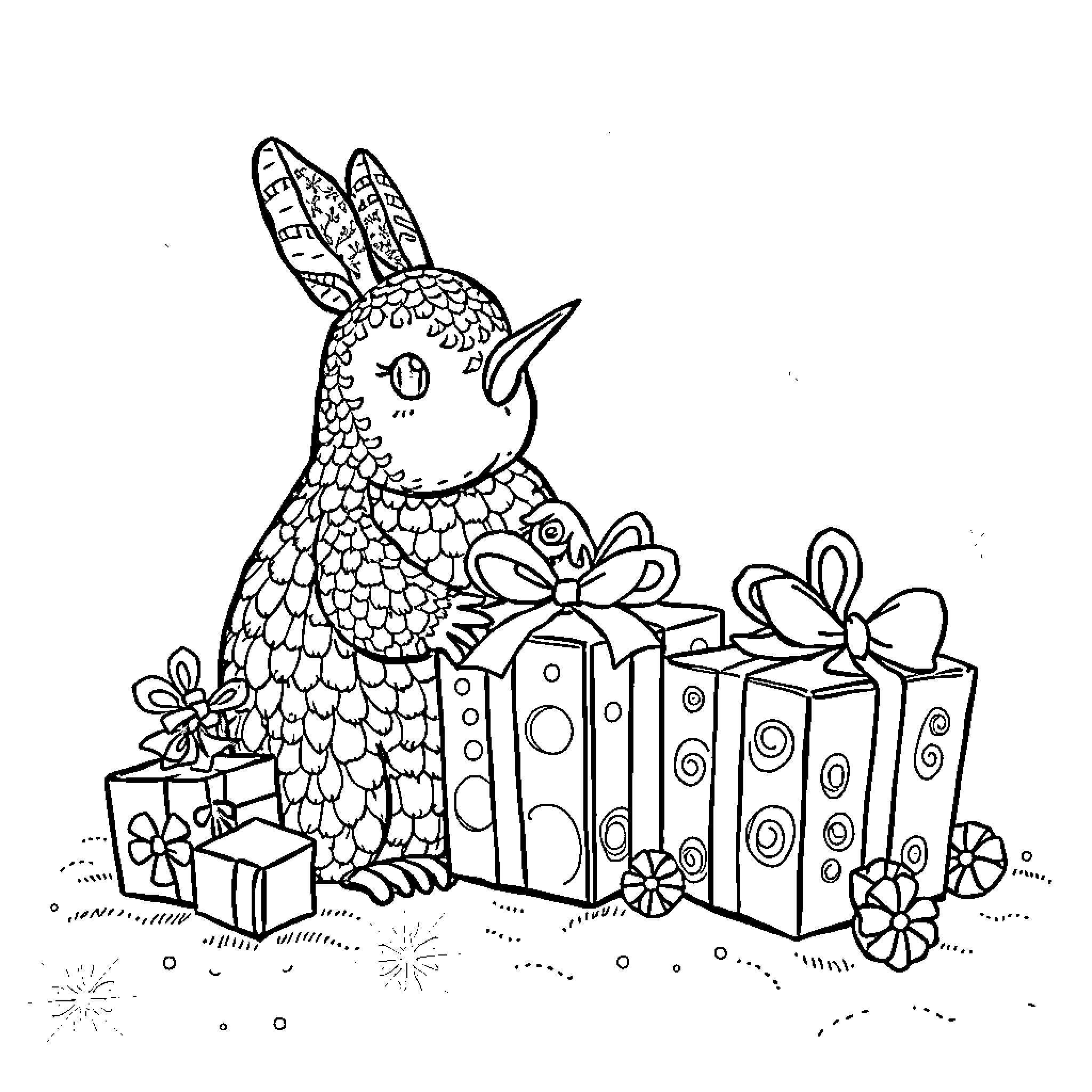 Magical Gifts Adorned Rabbit with Present Boxes Coloring Page (free black-and-white line drawing printable PDF for all, from beginners to advanced learners, including children, teens, adults, and seniors)