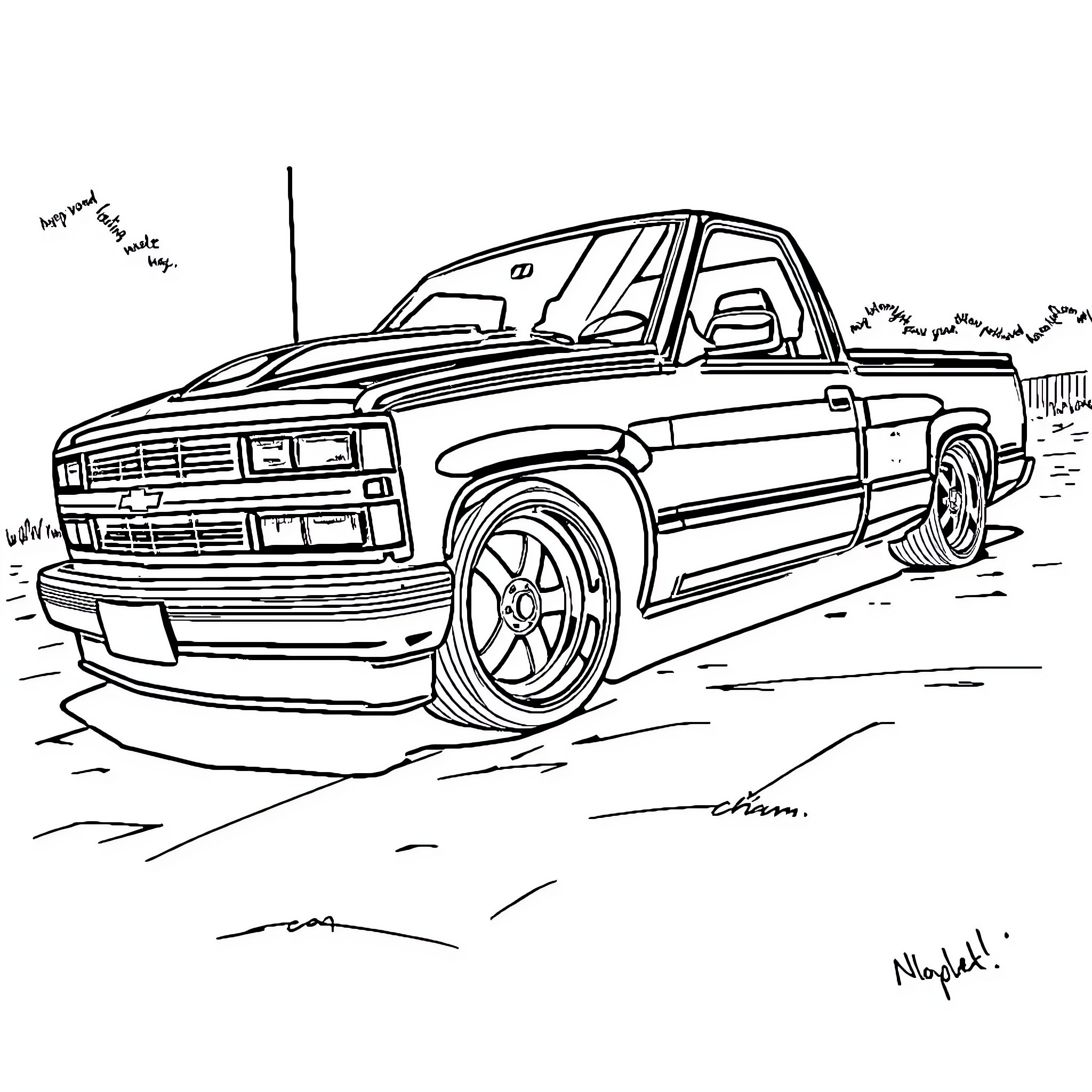 Chevy Pickup Truck in Rugged Terrain Coloring Page (free black-and-white line drawing printable PDF for all, from beginners to advanced learners, including children, teens, adults, and seniors)