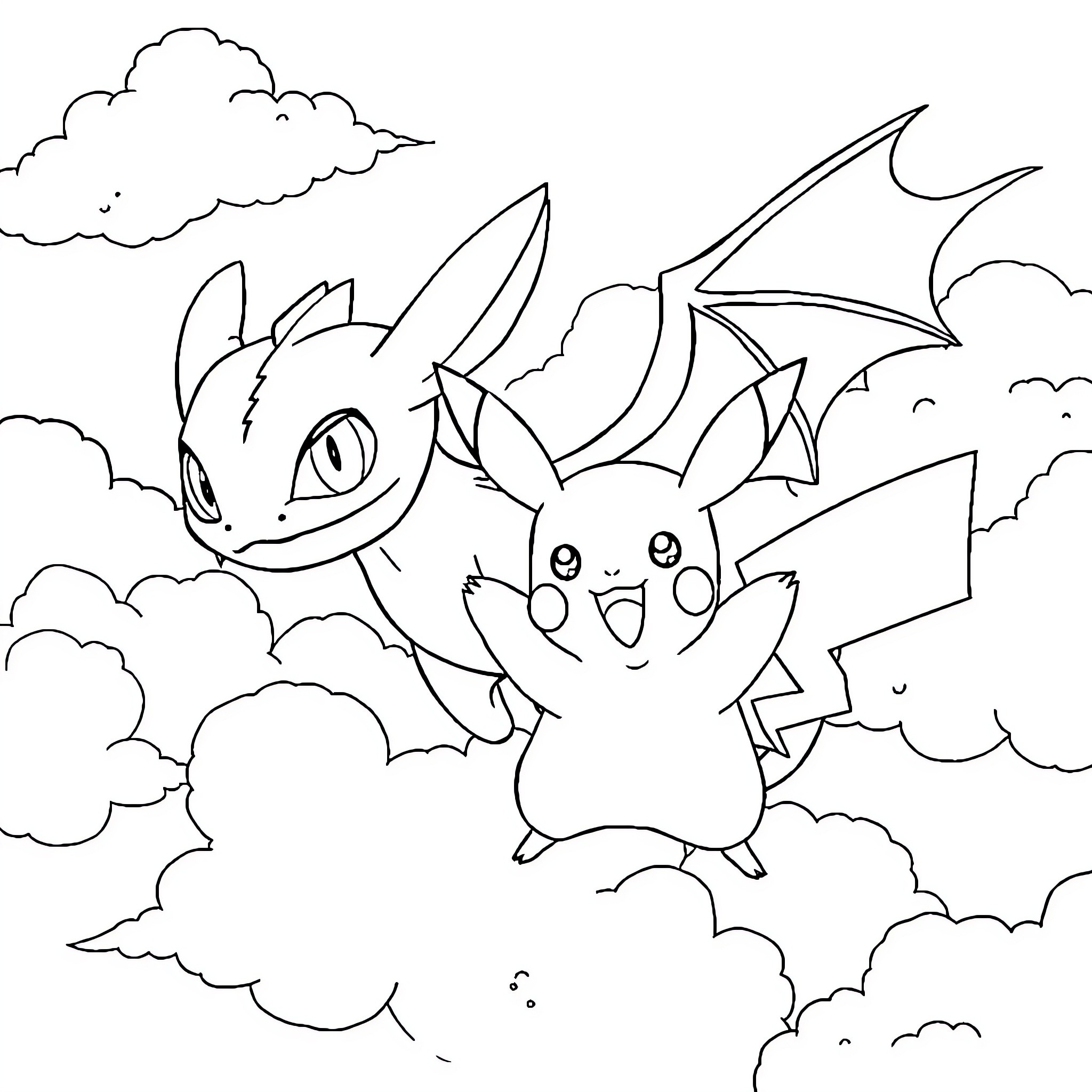Pikachu and Charizard playing in the clouds Coloring Page (free black-and-white line drawing printable PDF for all, from beginners to advanced learners, including children, teens, adults, and seniors)