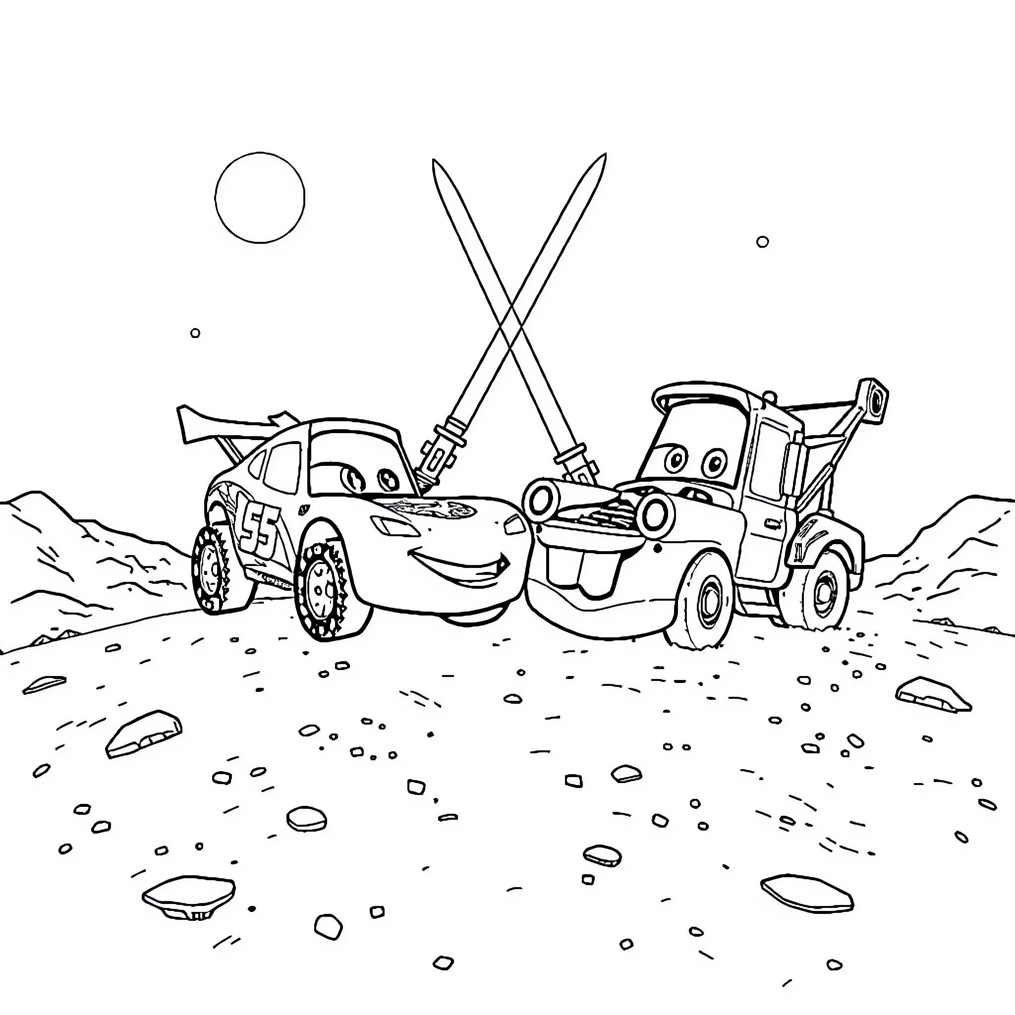 Lightning McQueen and Mater's Playful Antics Coloring Page (free black-and-white line drawing printable PDF for all, from beginners to advanced learners, including children, teens, adults, and seniors)