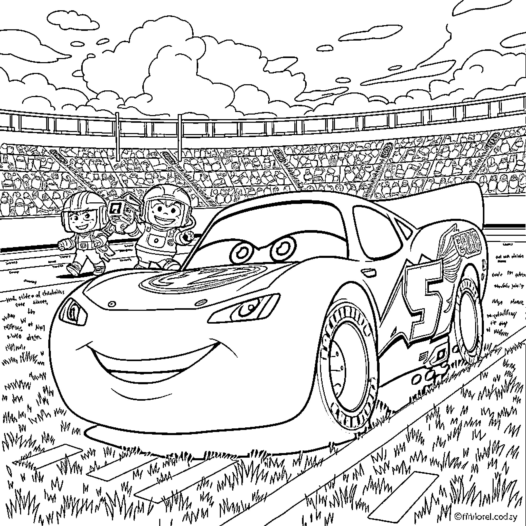 Lightning McQueen Races Happily in the Stadium Coloring Page (free black-and-white line drawing printable PDF for all, from beginners to advanced learners, including children, teens, adults, and seniors)