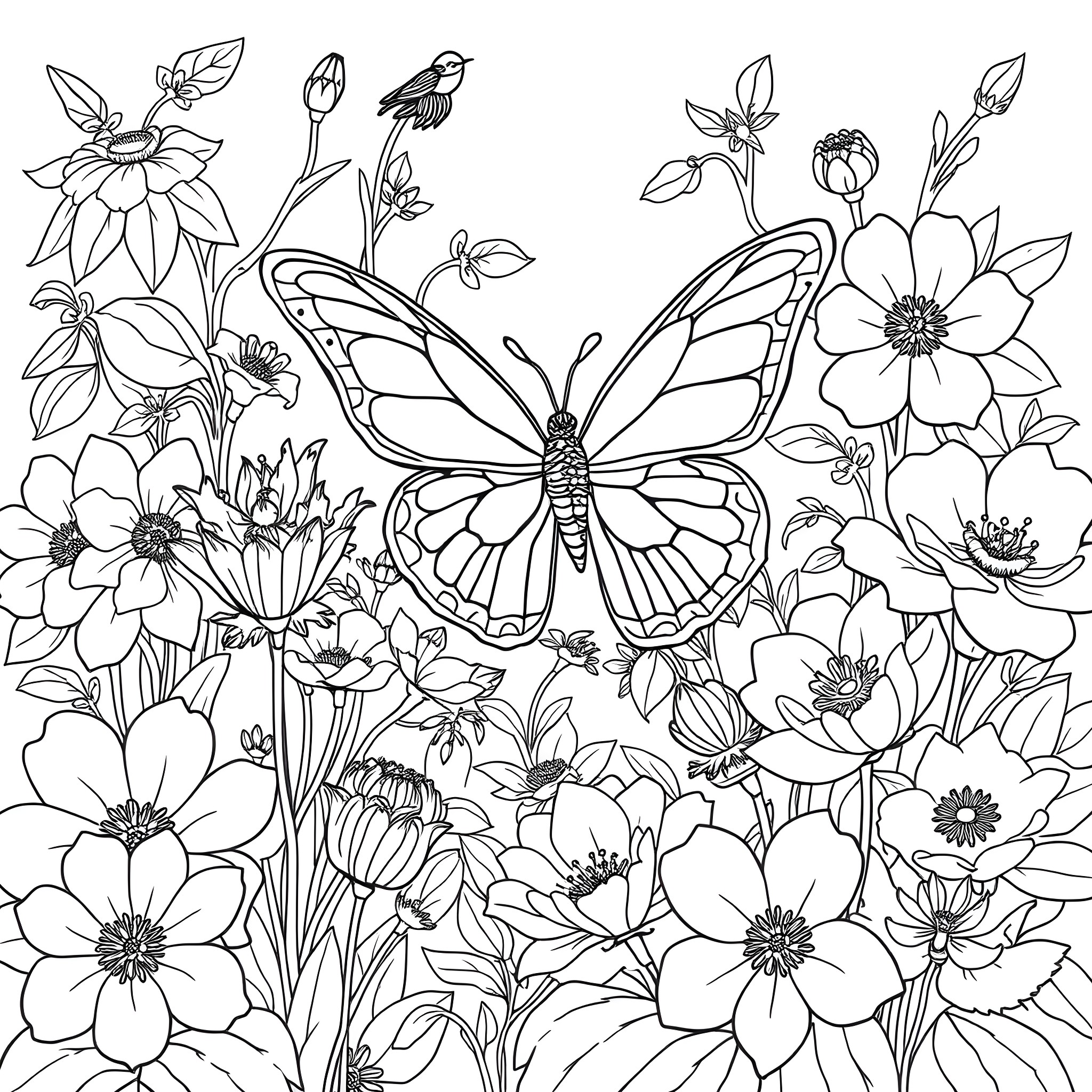Butterfly Fluttering Amidst Blooming Flowers Coloring Page (free black-and-white line drawing printable PDF for all, from beginners to advanced learners, including children, teens, adults, and seniors)