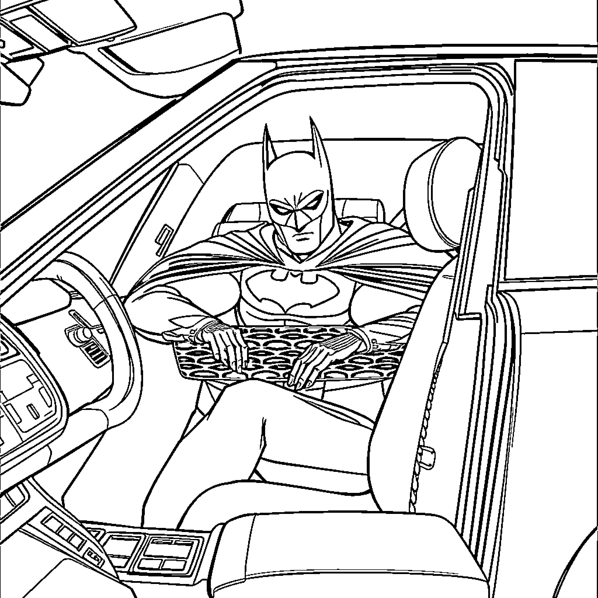 Batman driving a high-tech vehicle with vigilant expression Coloring Page (free black-and-white line drawing printable PDF for all, from beginners to advanced learners, including children, teens, adults, and seniors)