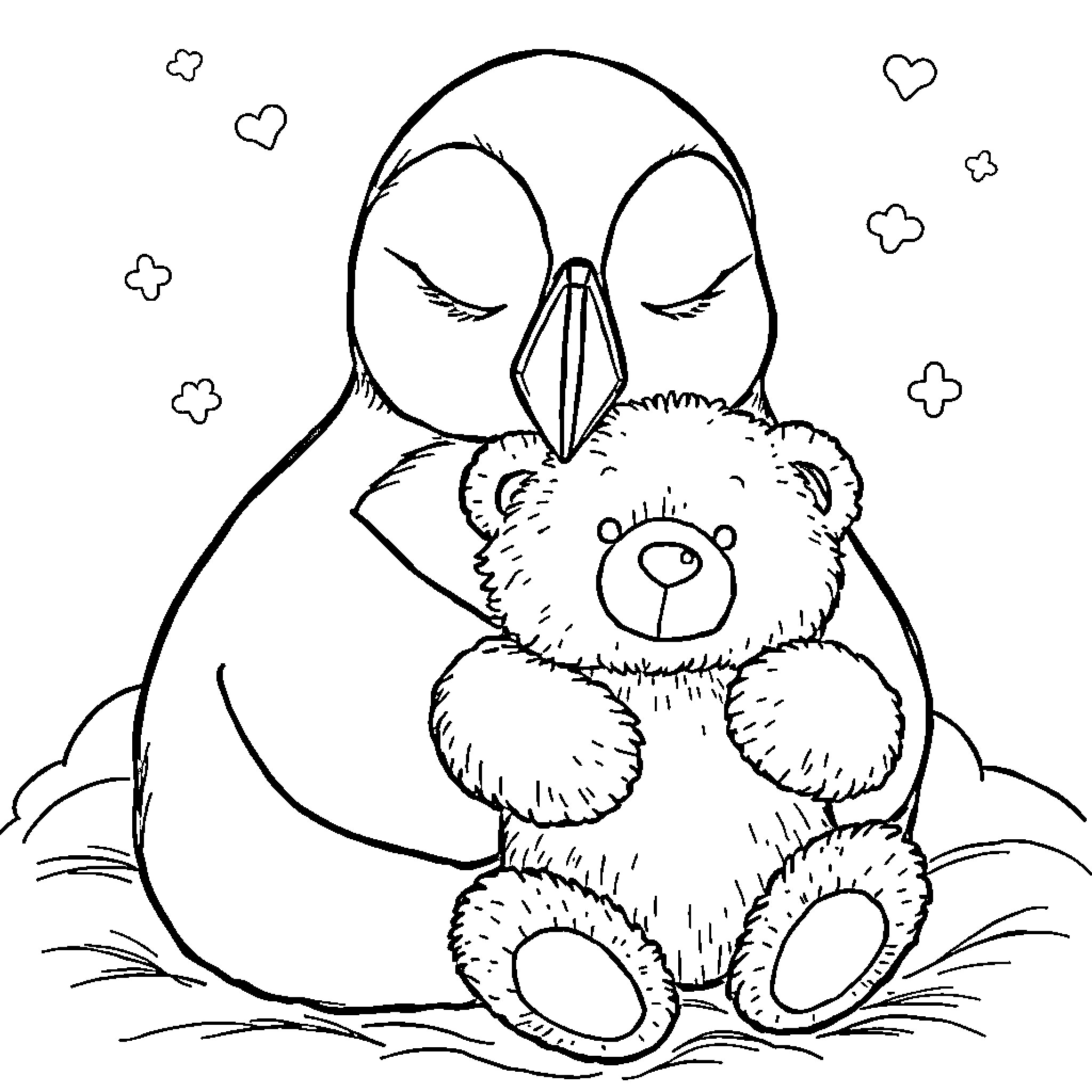 Puffin cuddling with a plush teddy bear Coloring Page (free black-and-white line drawing printable PDF for all, from beginners to advanced learners, including children, teens, adults, and seniors)
