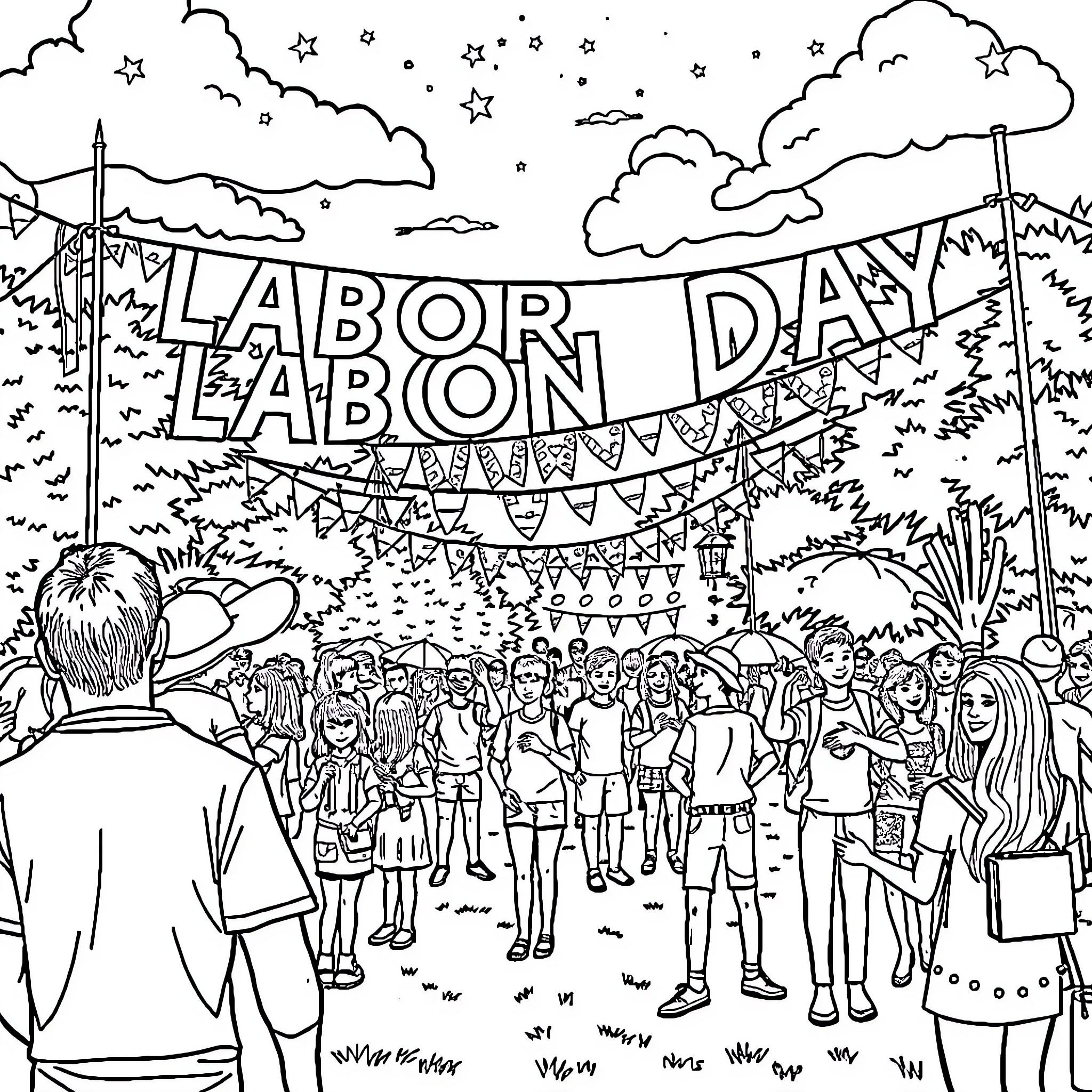 Labor Day Celebration with Festive Decor and Crowd Coloring Page (free black-and-white line drawing printable PDF for all, from beginners to advanced learners, including children, teens, adults, and seniors)