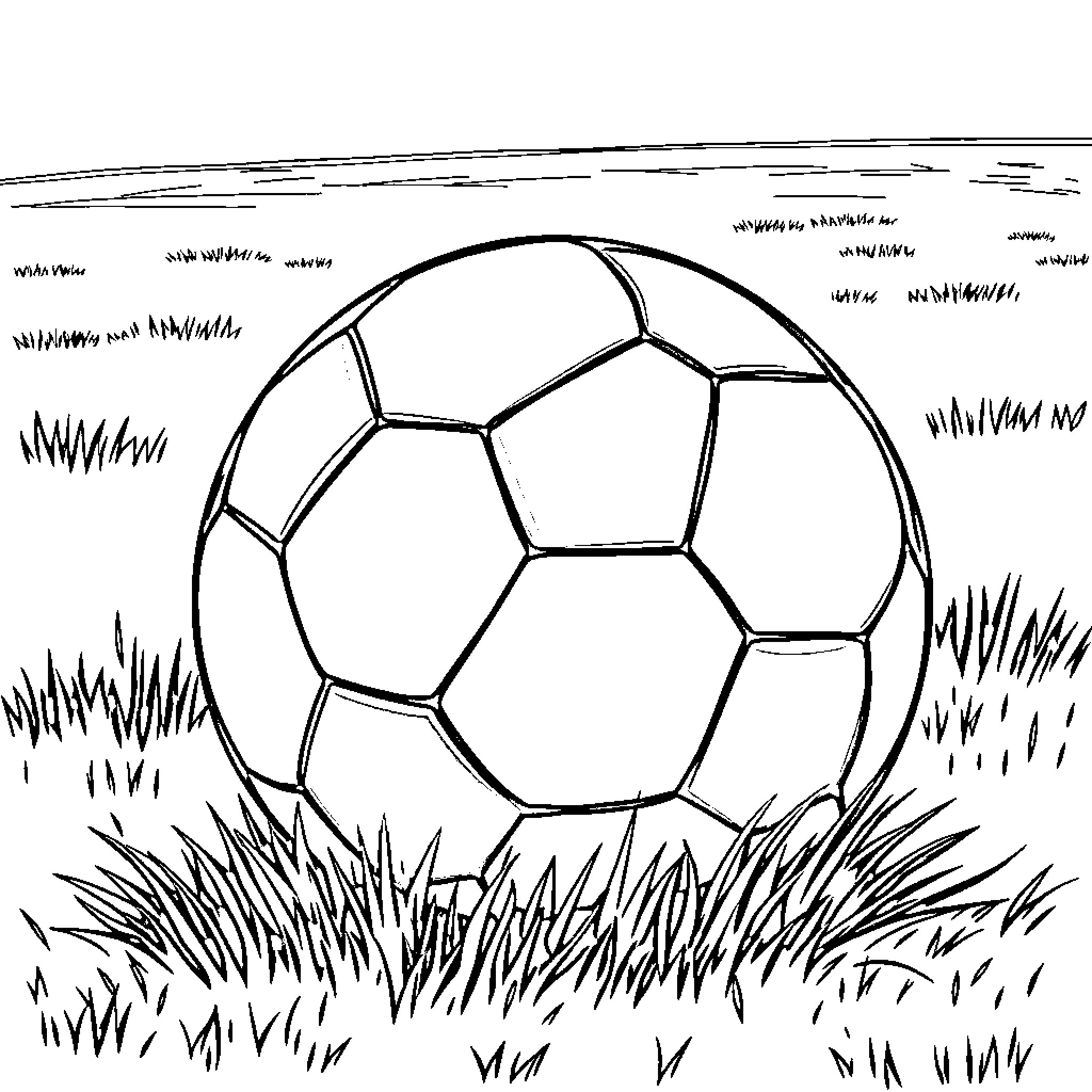 Soccer Ball Rolling on Grassy Field Coloring Page (free black-and-white line drawing printable PDF for all, from beginners to advanced learners, including children, teens, adults, and seniors)