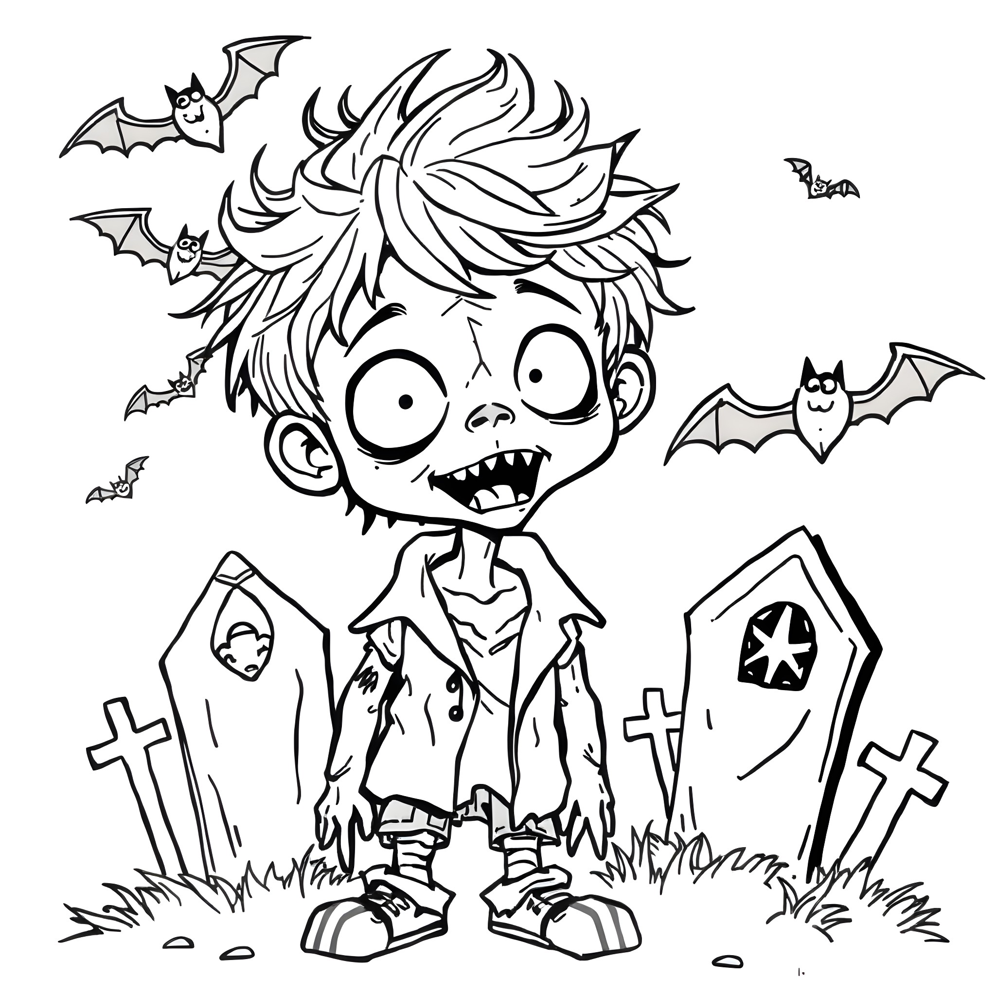 Zombie Boy Playing Amongst Gravestones and Bats Coloring Page (free black-and-white line drawing printable PDF for all, from beginners to advanced learners, including children, teens, adults, and seniors)