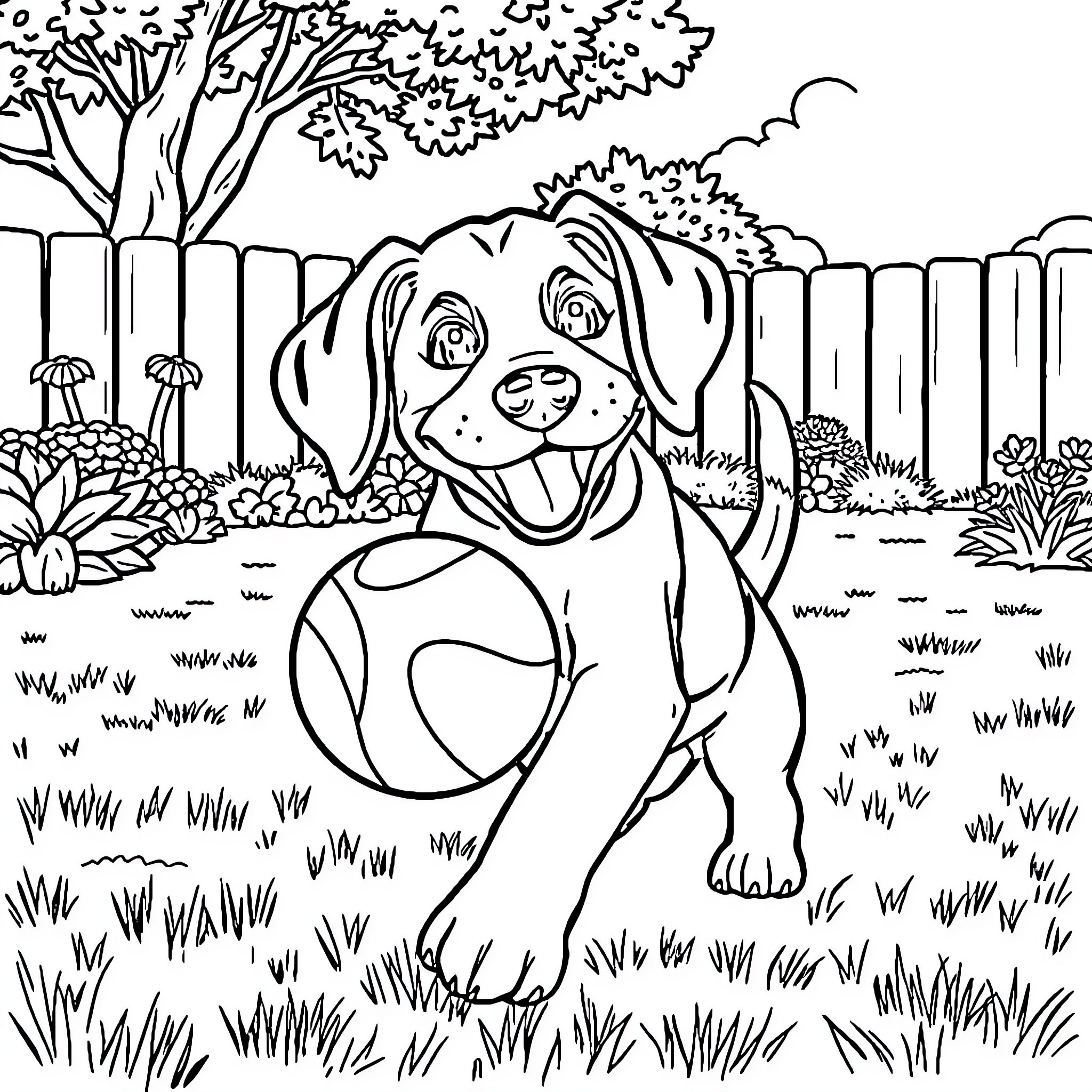 Beagle playing happily in a garden Coloring Page (free black-and-white line drawing printable PDF for all, from beginners to advanced learners, including children, teens, adults, and seniors)