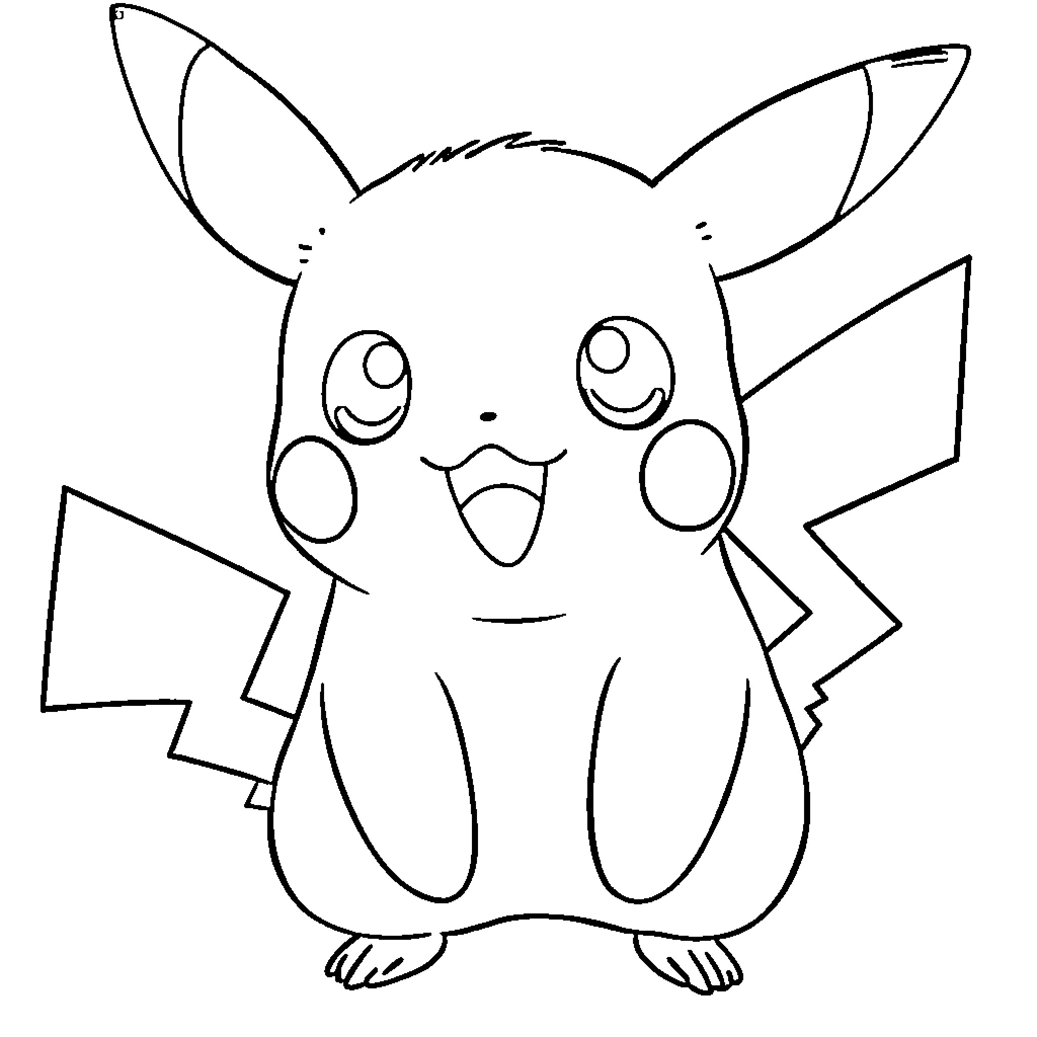 Pikachu in a cute and cheerful pose Coloring Page (free black-and-white line drawing printable PDF for all, from beginners to advanced learners, including children, teens, adults, and seniors)