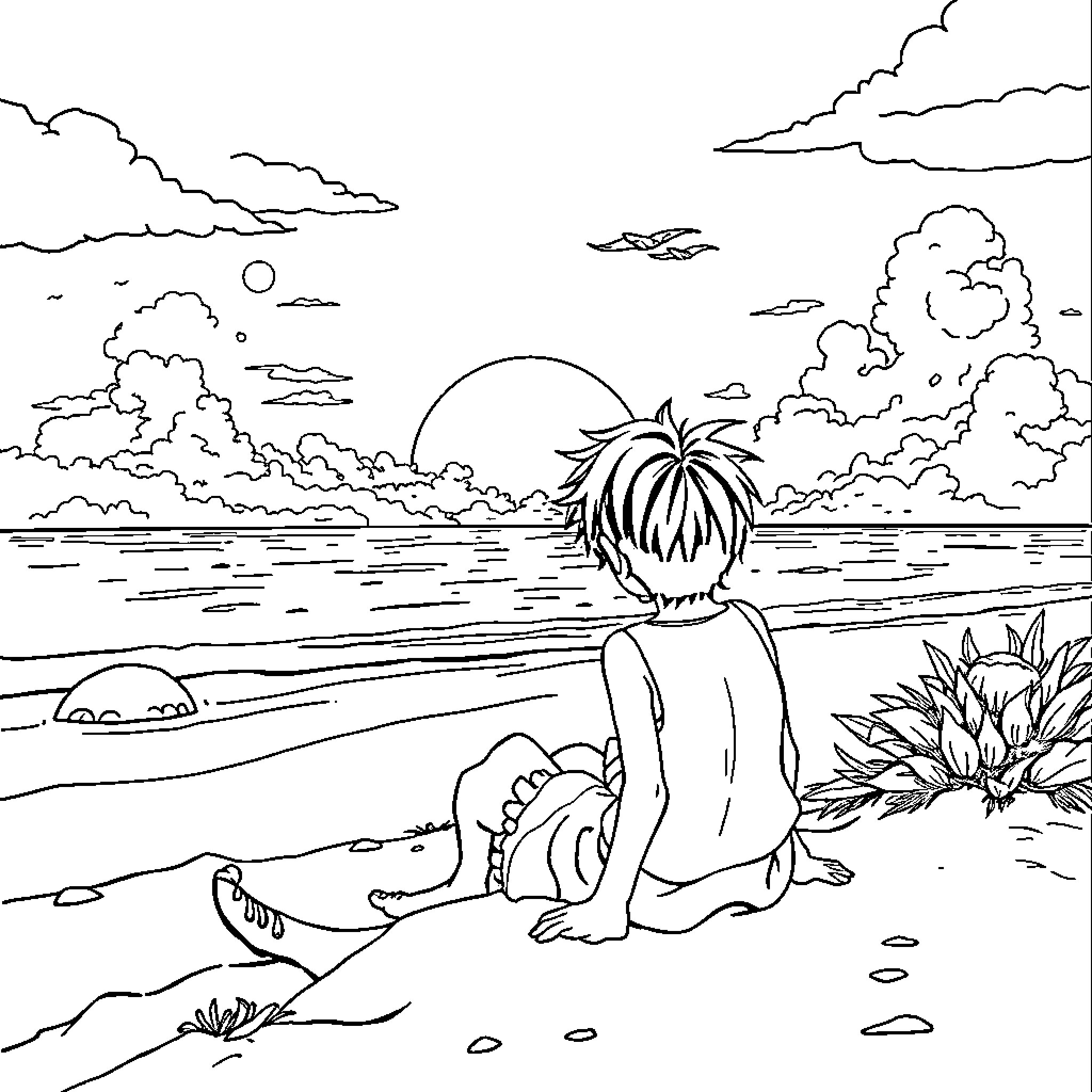 Luffy enjoying the serene beach scenery Coloring Page (free black-and-white line drawing printable PDF for all, from beginners to advanced learners, including children, teens, adults, and seniors)
