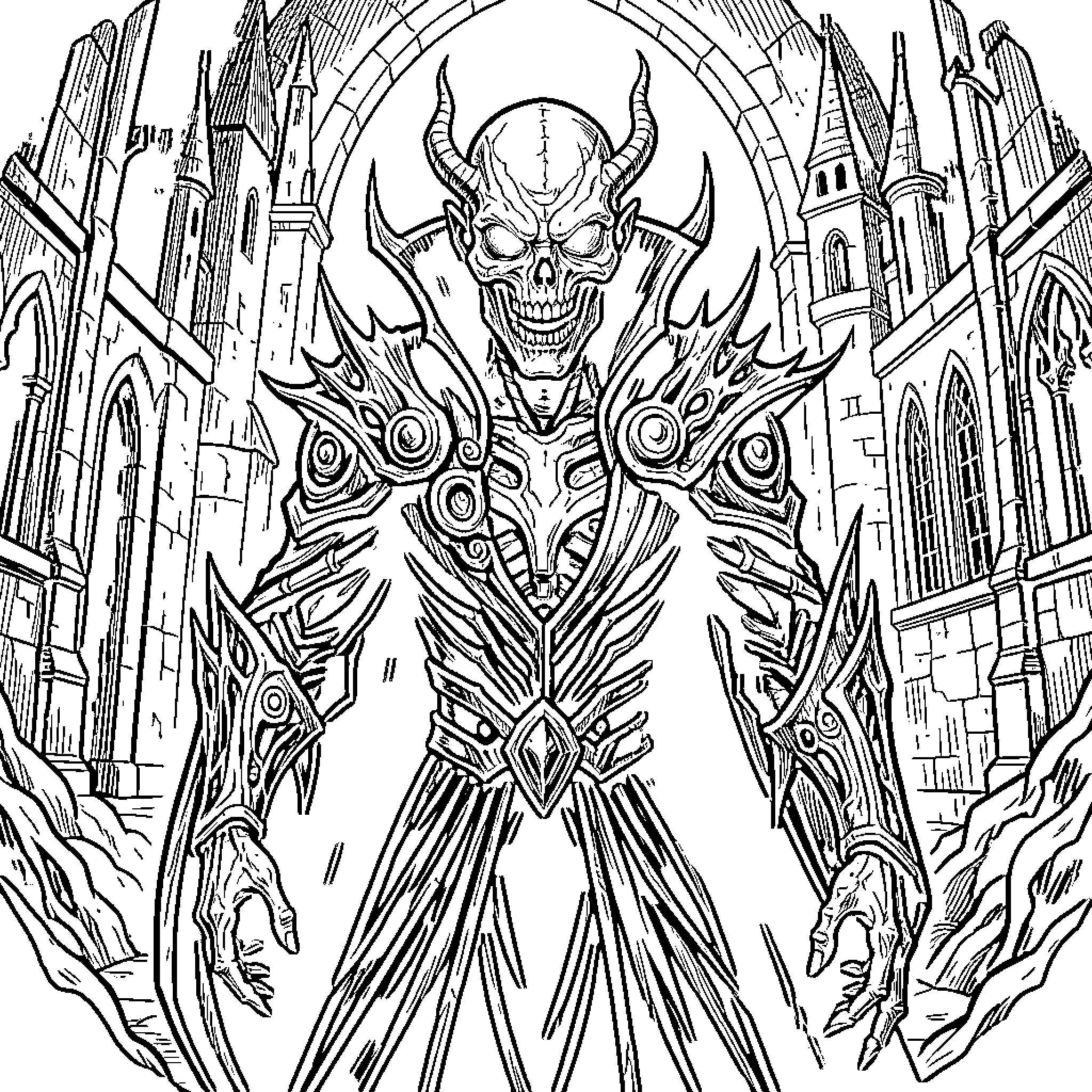 Vecna, the Demonic Overlord in a Sinister Realm Coloring Page (free black-and-white line drawing printable PDF for all, from beginners to advanced learners, including children, teens, adults, and seniors)