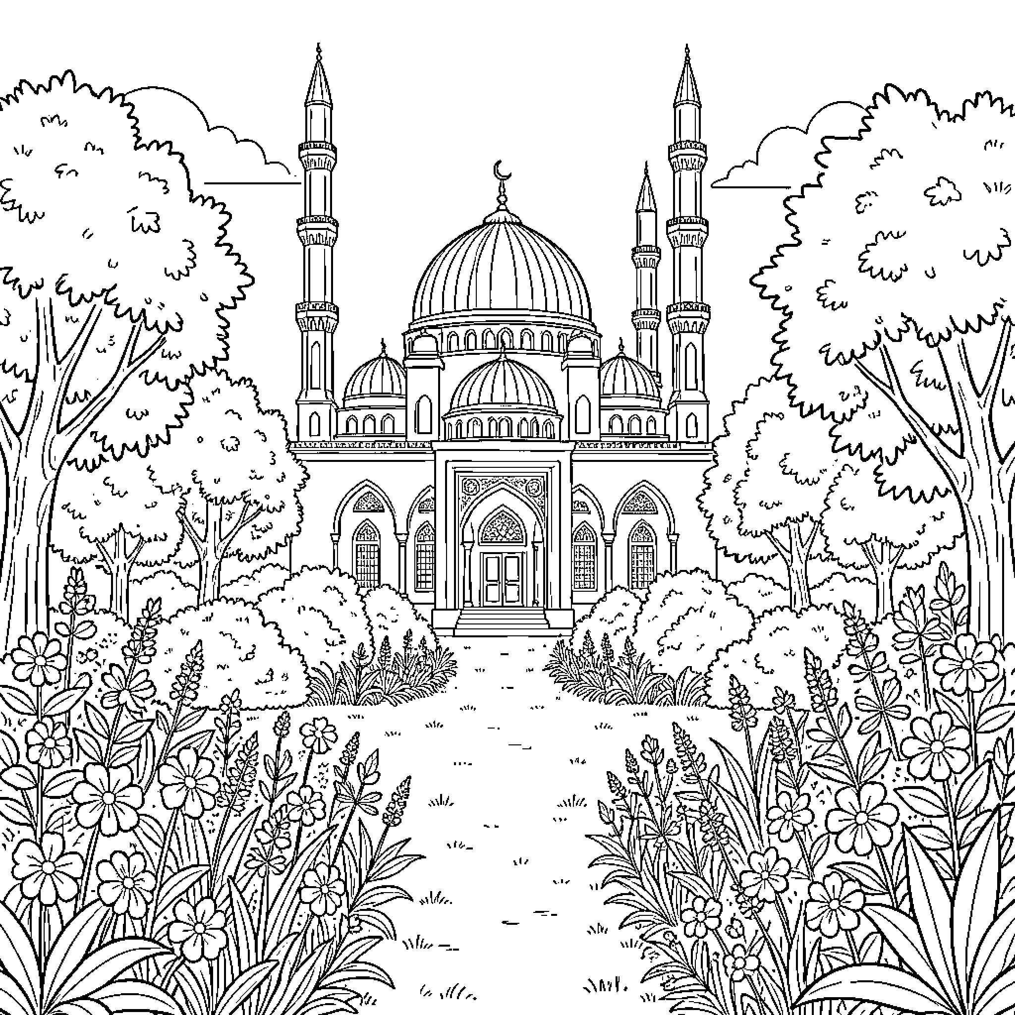 Mosque standing majestically amidst a lush garden landscape Coloring Page (free black-and-white line drawing printable PDF for all, from beginners to advanced learners, including children, teens, adults, and seniors)