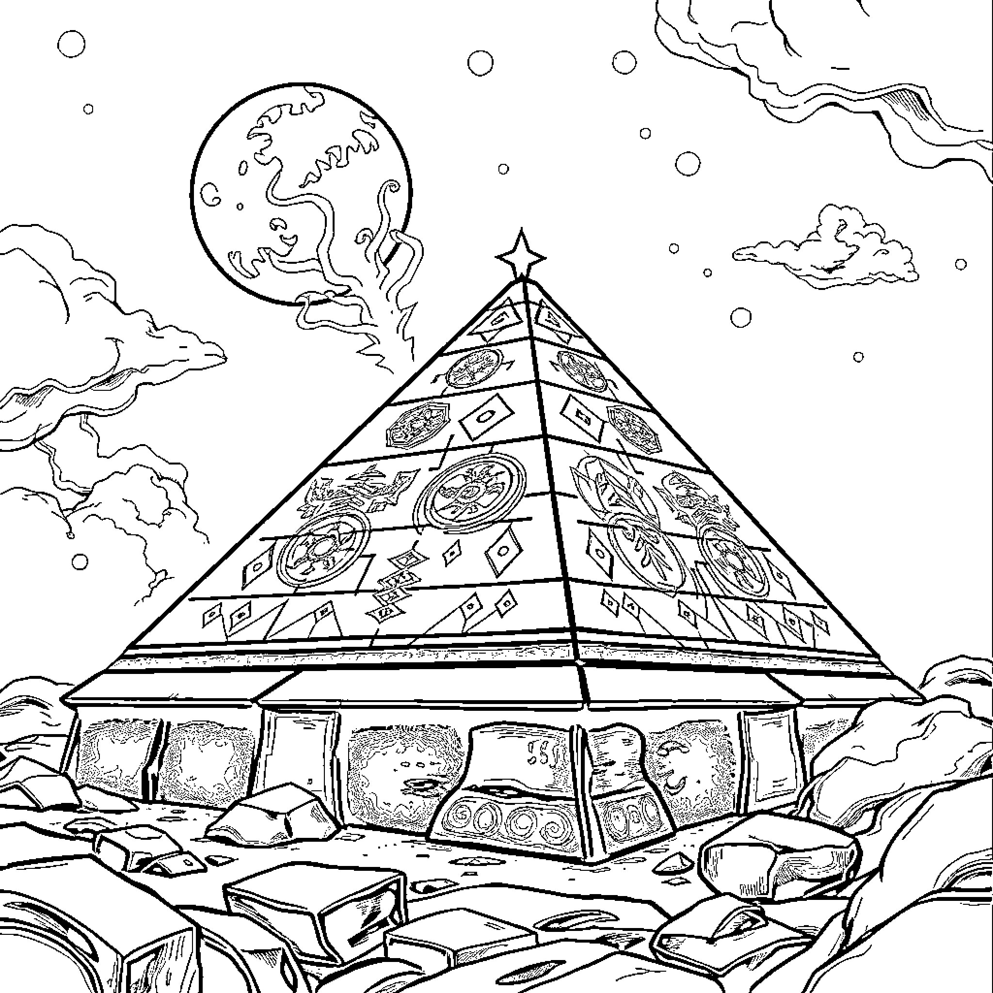 Yu-Gi-Oh Hieroglyphic Pyramid in Starry Night Coloring Page (free black-and-white line drawing printable PDF for all, from beginners to advanced learners, including children, teens, adults, and seniors)