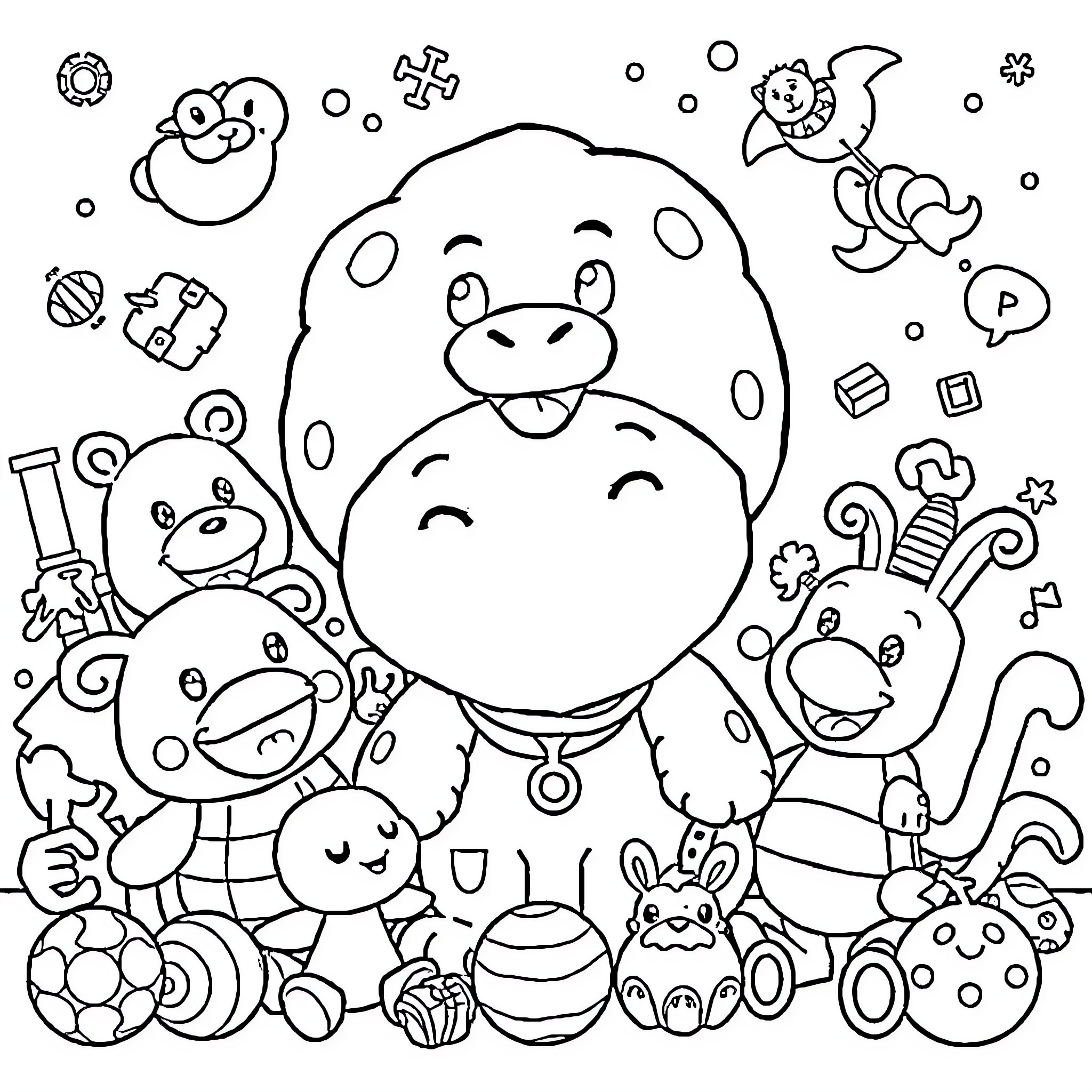 Labubu's Playful Gathering of Whimsical Creatures Coloring Page (free black-and-white line drawing printable PDF for all, from beginners to advanced learners, including children, teens, adults, and seniors)