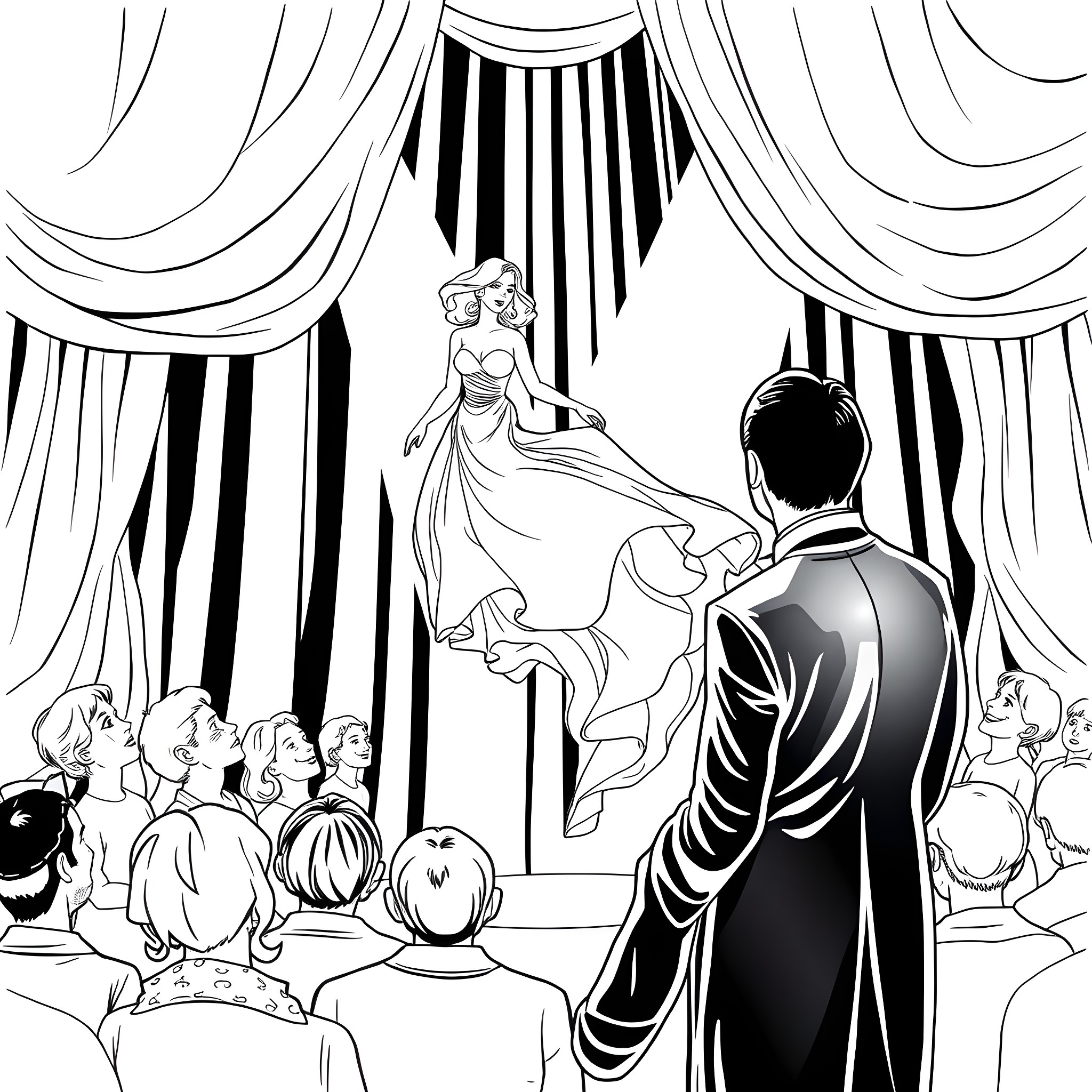 Magician's Enchanting Performance on Stage Coloring Page (free black-and-white line drawing printable PDF for all, from beginners to advanced learners, including children, teens, adults, and seniors)