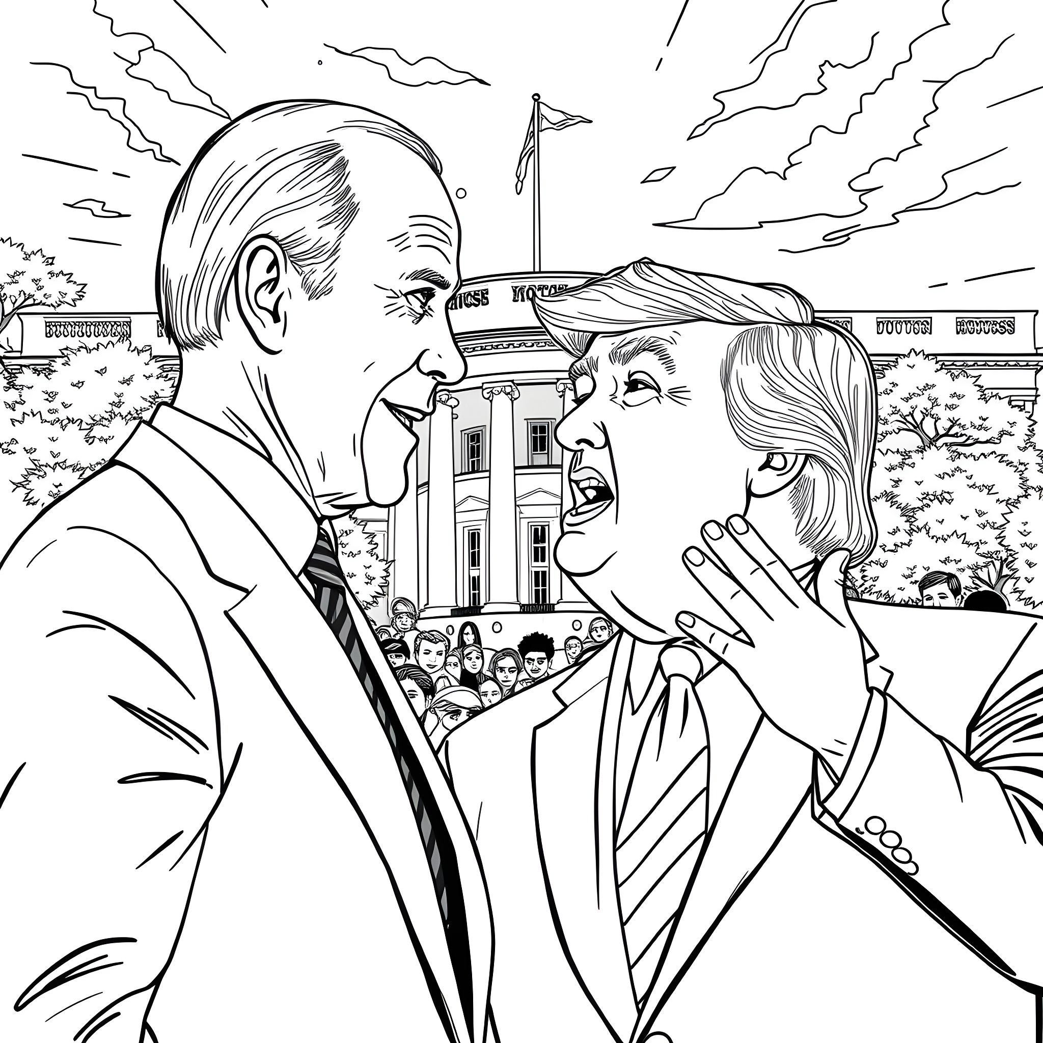 Joe Biden and Jill Biden speaking at the White House Coloring Page (free black-and-white line drawing printable PDF for all, from beginners to advanced learners, including children, teens, adults, and seniors)