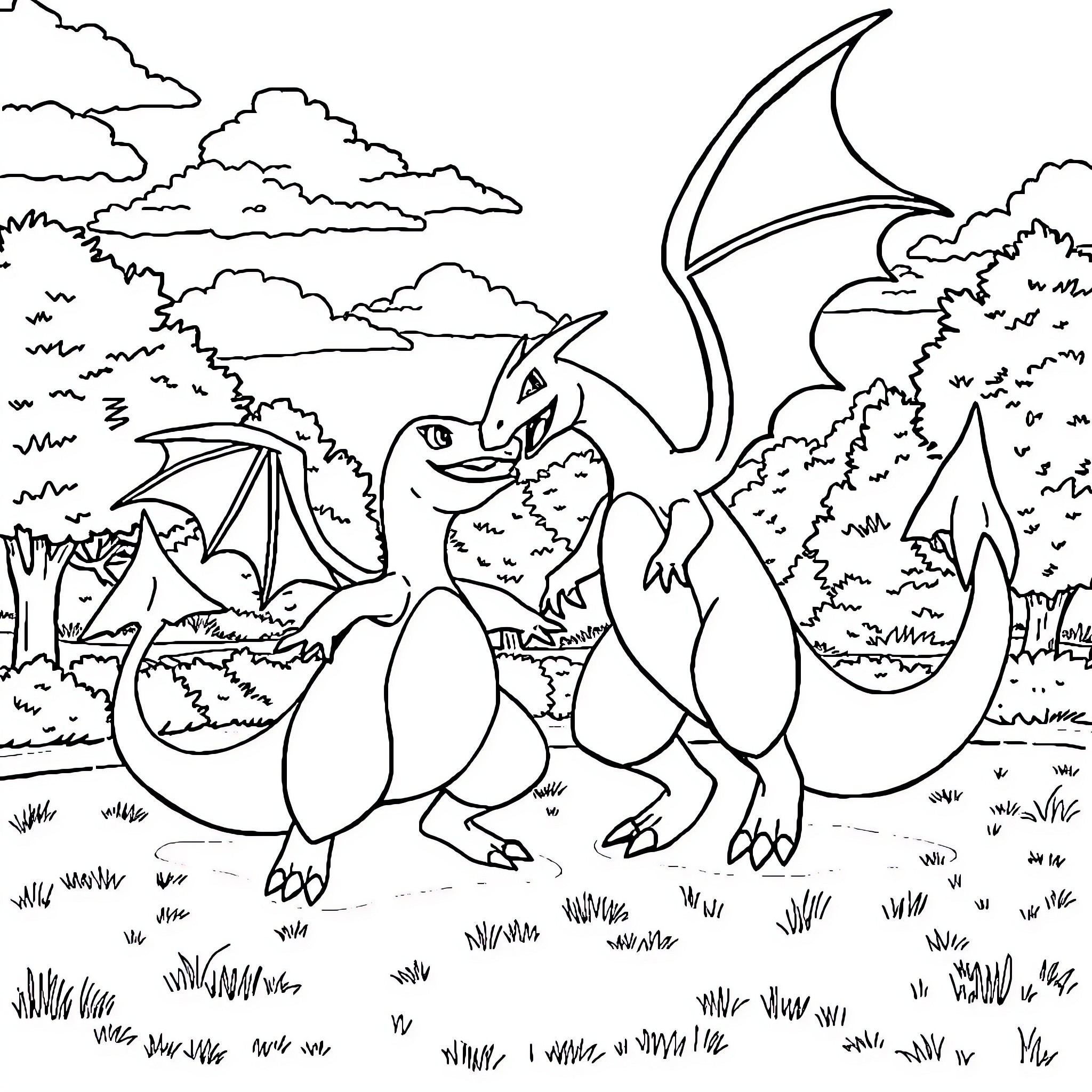 Charizard in a natural landscape Coloring Page (free black-and-white line drawing printable PDF for all, from beginners to advanced learners, including children, teens, adults, and seniors)