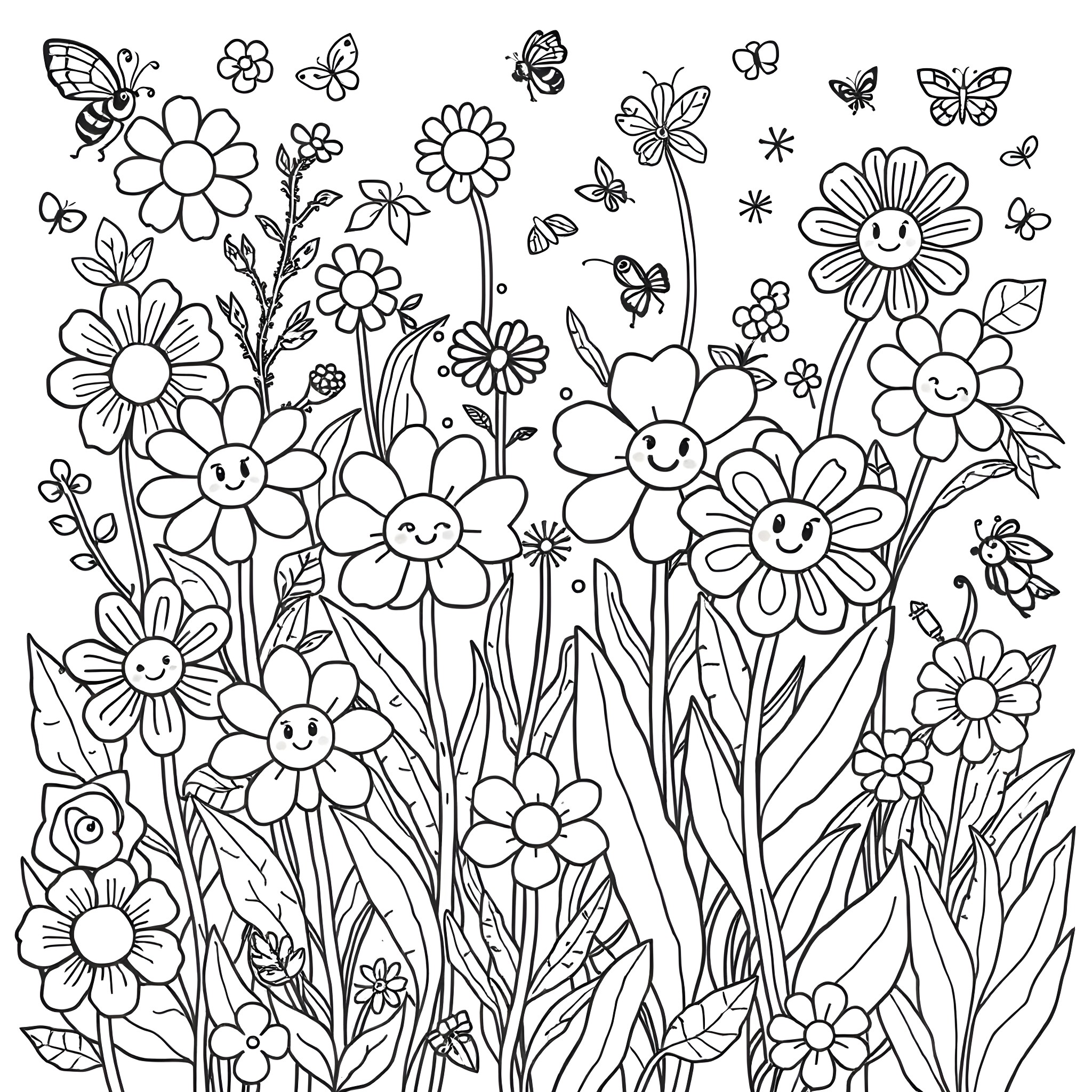 Flower garden with playful butterflies Coloring Page (free black-and-white line drawing printable PDF for all, from beginners to advanced learners, including children, teens, adults, and seniors)