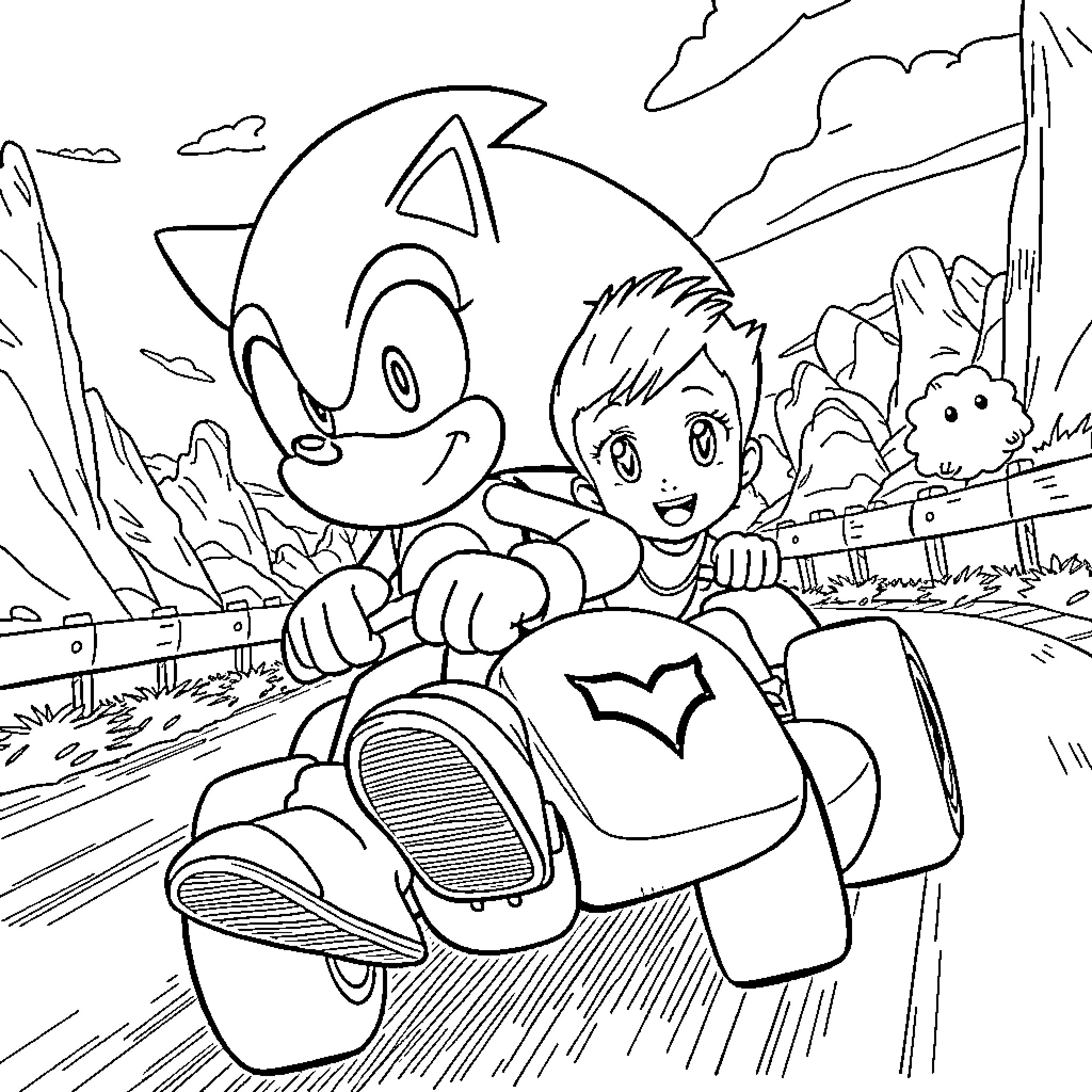 Sonic and a young boy racing in a kart Coloring Page (free black-and-white line drawing printable PDF for all, from beginners to advanced learners, including children, teens, adults, and seniors)