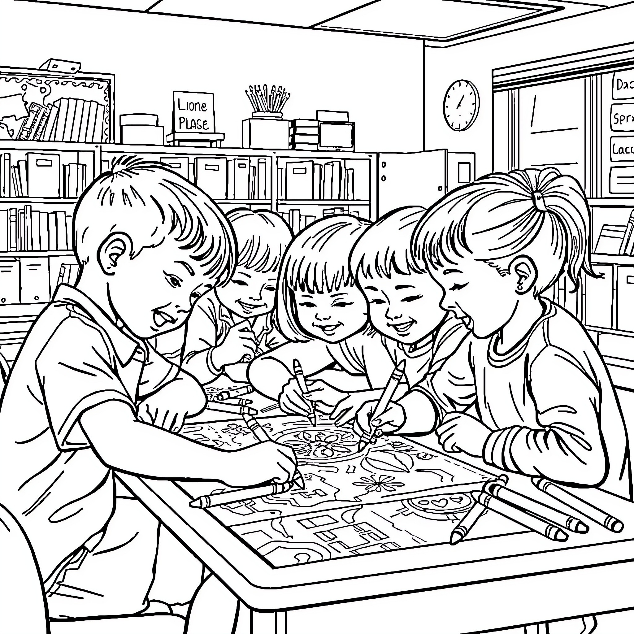 Abbott Children Collaborating on a Coloring Project Coloring Page (free black-and-white line drawing printable PDF for all, from beginners to advanced learners, including children, teens, adults, and seniors)