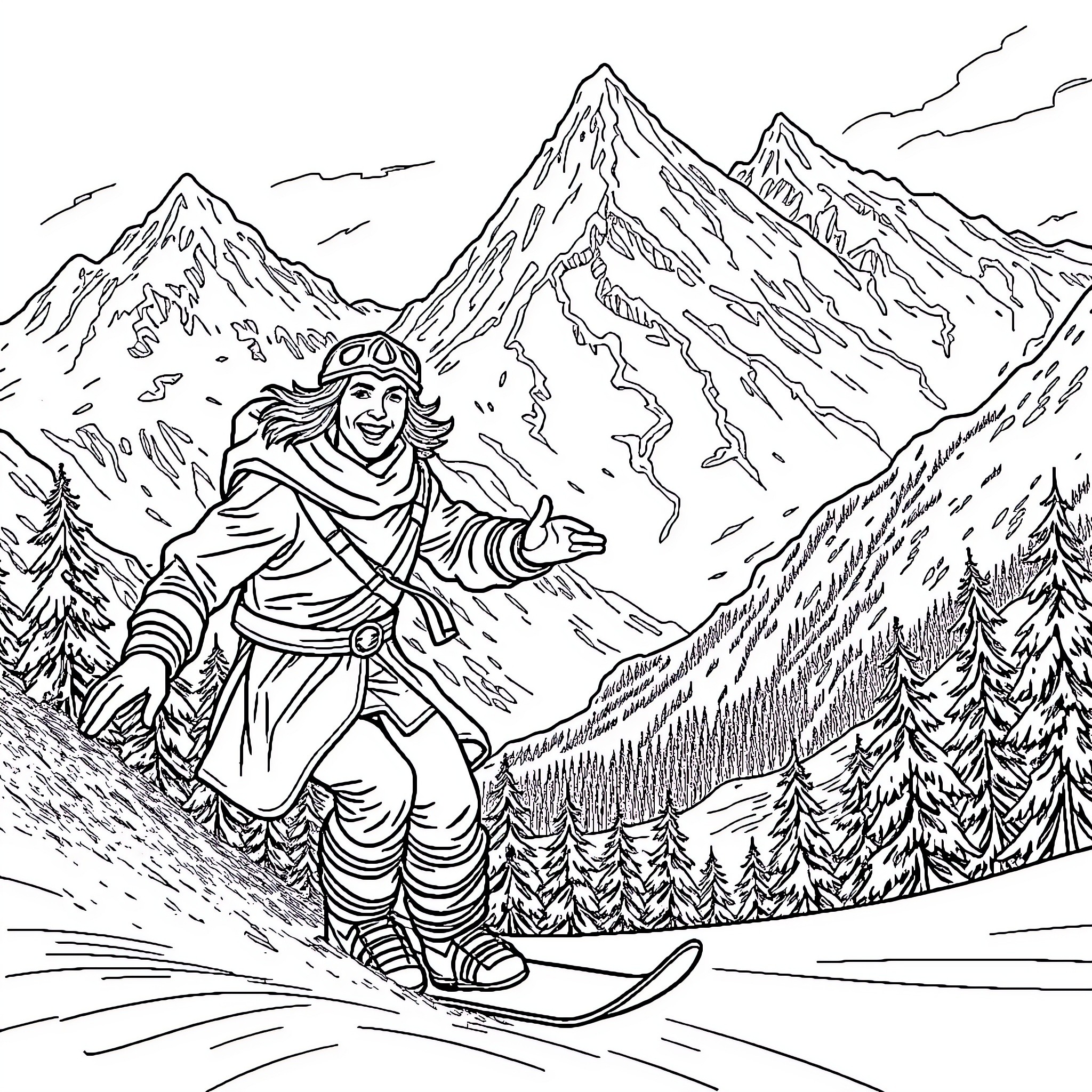 Aragorn skiing through the snowy mountains Coloring Page (free black-and-white line drawing printable PDF for all, from beginners to advanced learners, including children, teens, adults, and seniors)
