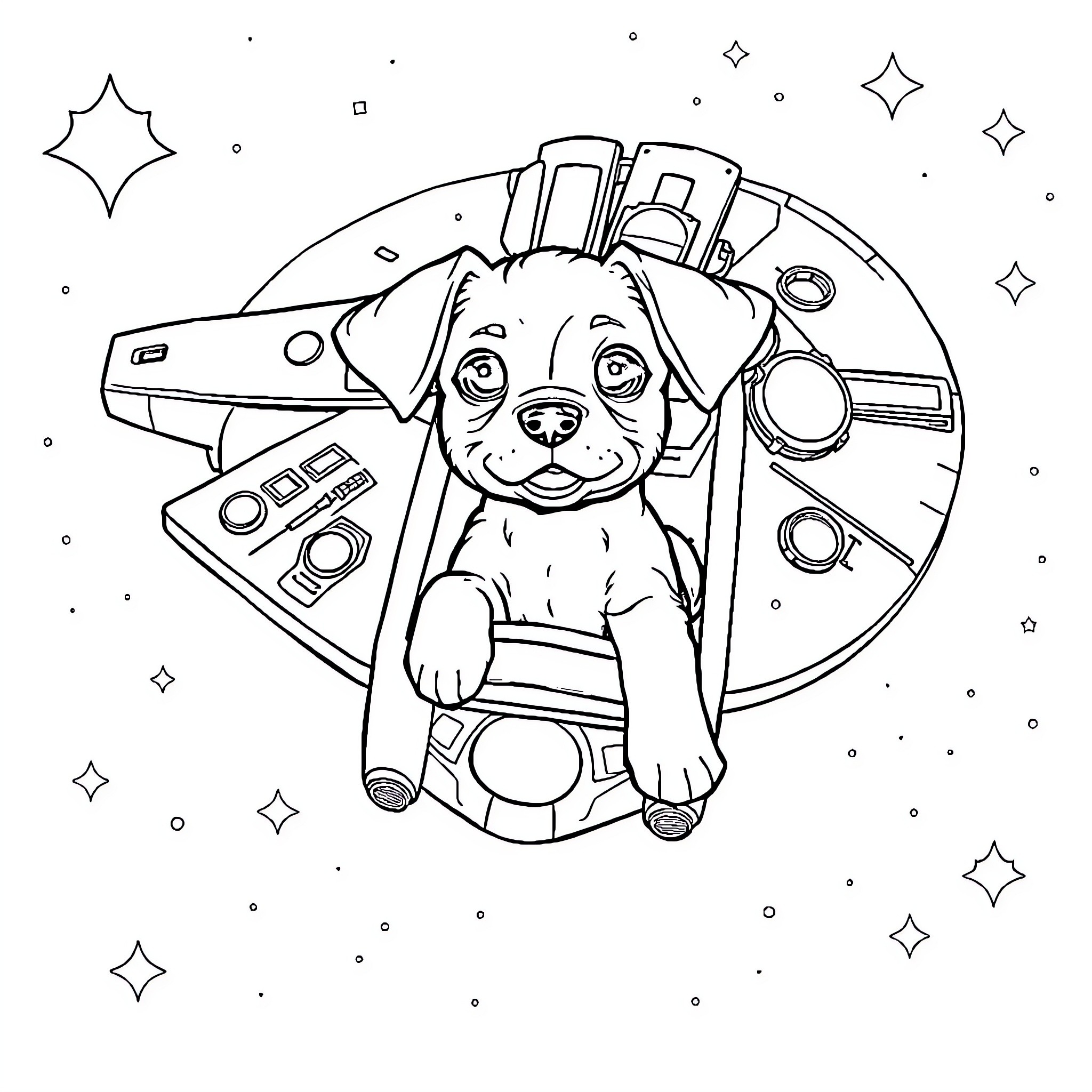 Puppy surrounded by futuristic gadgets and stars Coloring Page (free black-and-white line drawing printable PDF for all, from beginners to advanced learners, including children, teens, adults, and seniors)