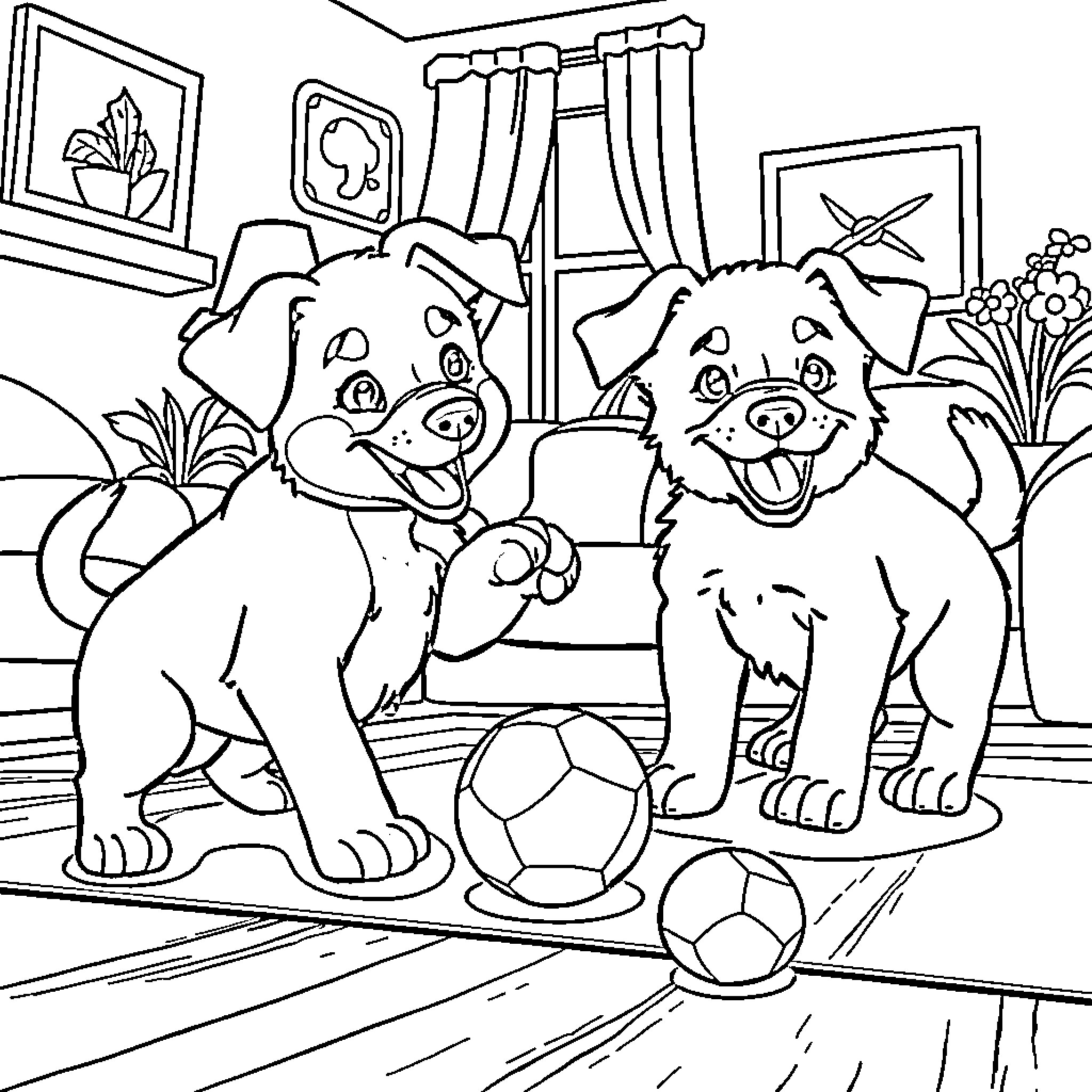 Bluey and friends playing with soccer balls Coloring Page (free black-and-white line drawing printable PDF for all, from beginners to advanced learners, including children, teens, adults, and seniors)