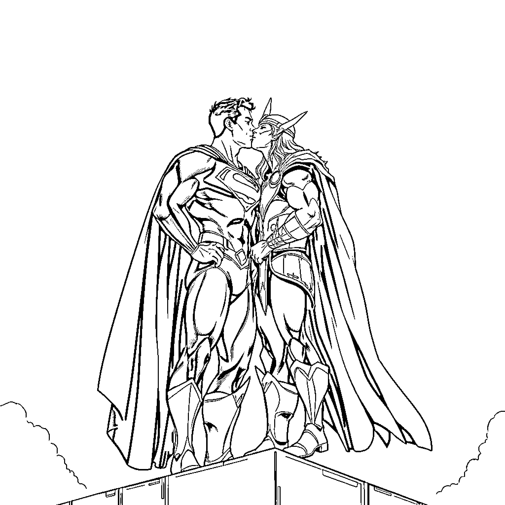 Superman and Wonder Woman in heroic embrace Coloring Page (free black-and-white line drawing printable PDF for all, from beginners to advanced learners, including children, teens, adults, and seniors)