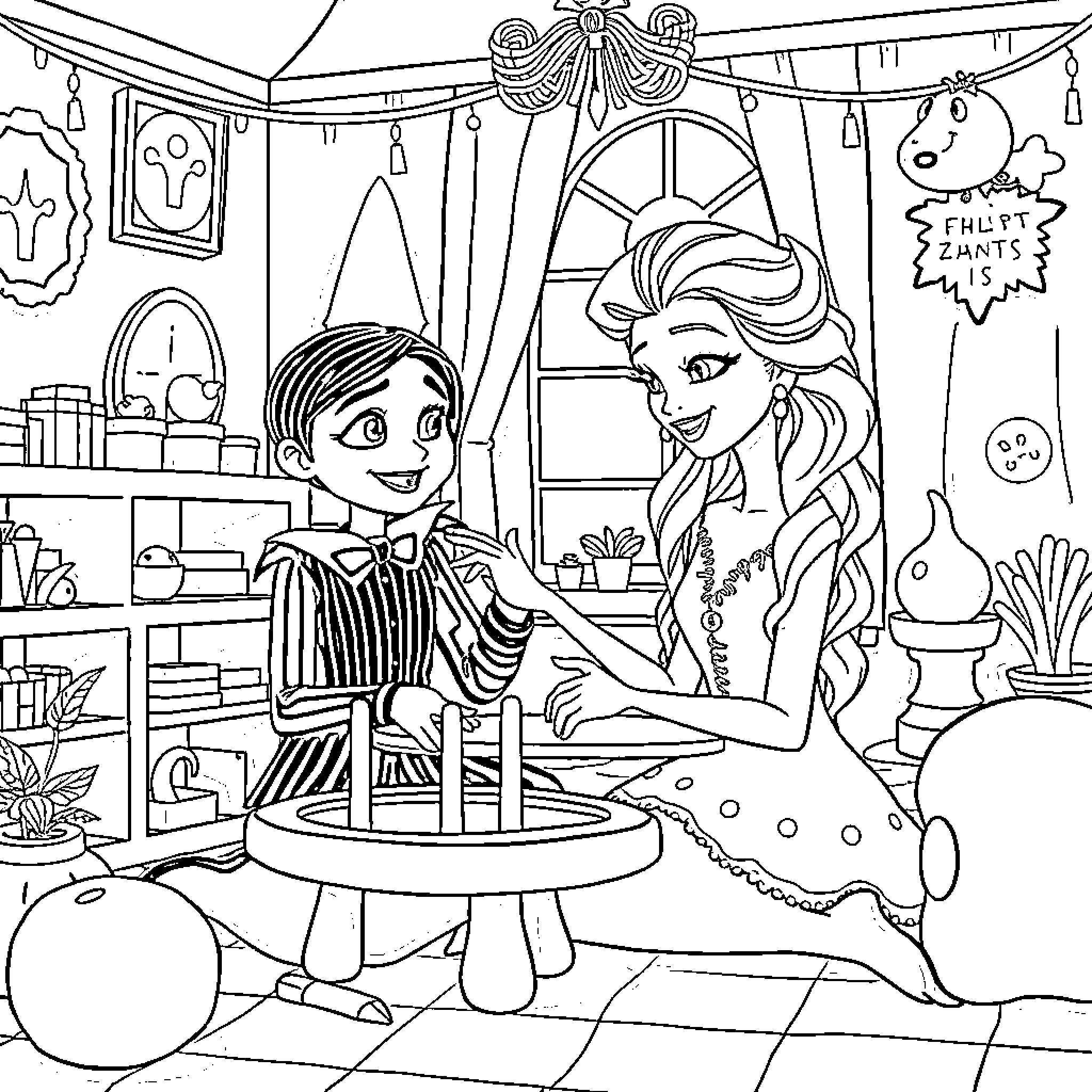Wednesday's Whimsical Wintertime Wonder Coloring Page (free black-and-white line drawing printable PDF for all, from beginners to advanced learners, including children, teens, adults, and seniors)