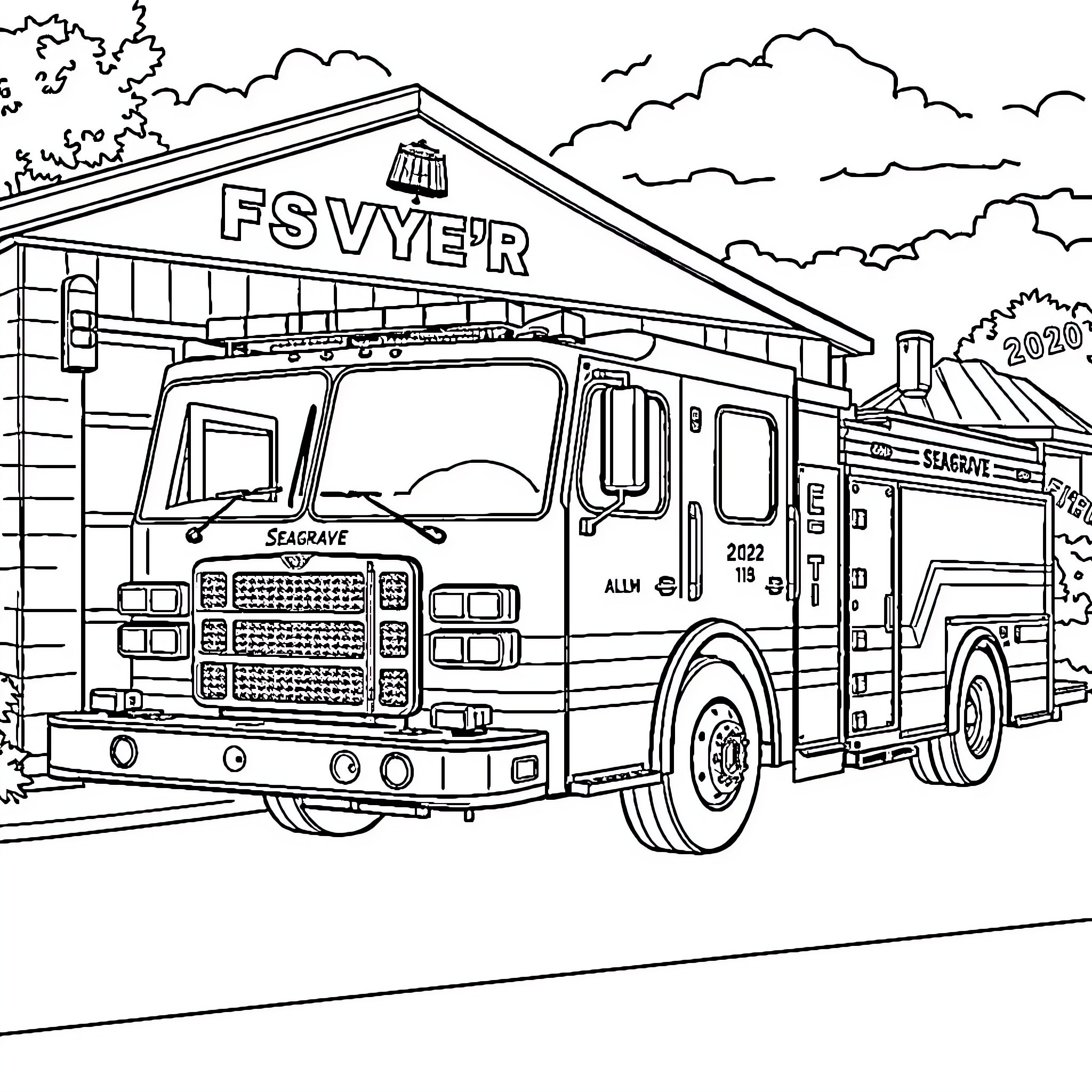Seagrave Engine parked near fire station Coloring Page (free black-and-white line drawing printable PDF for all, from beginners to advanced learners, including children, teens, adults, and seniors)