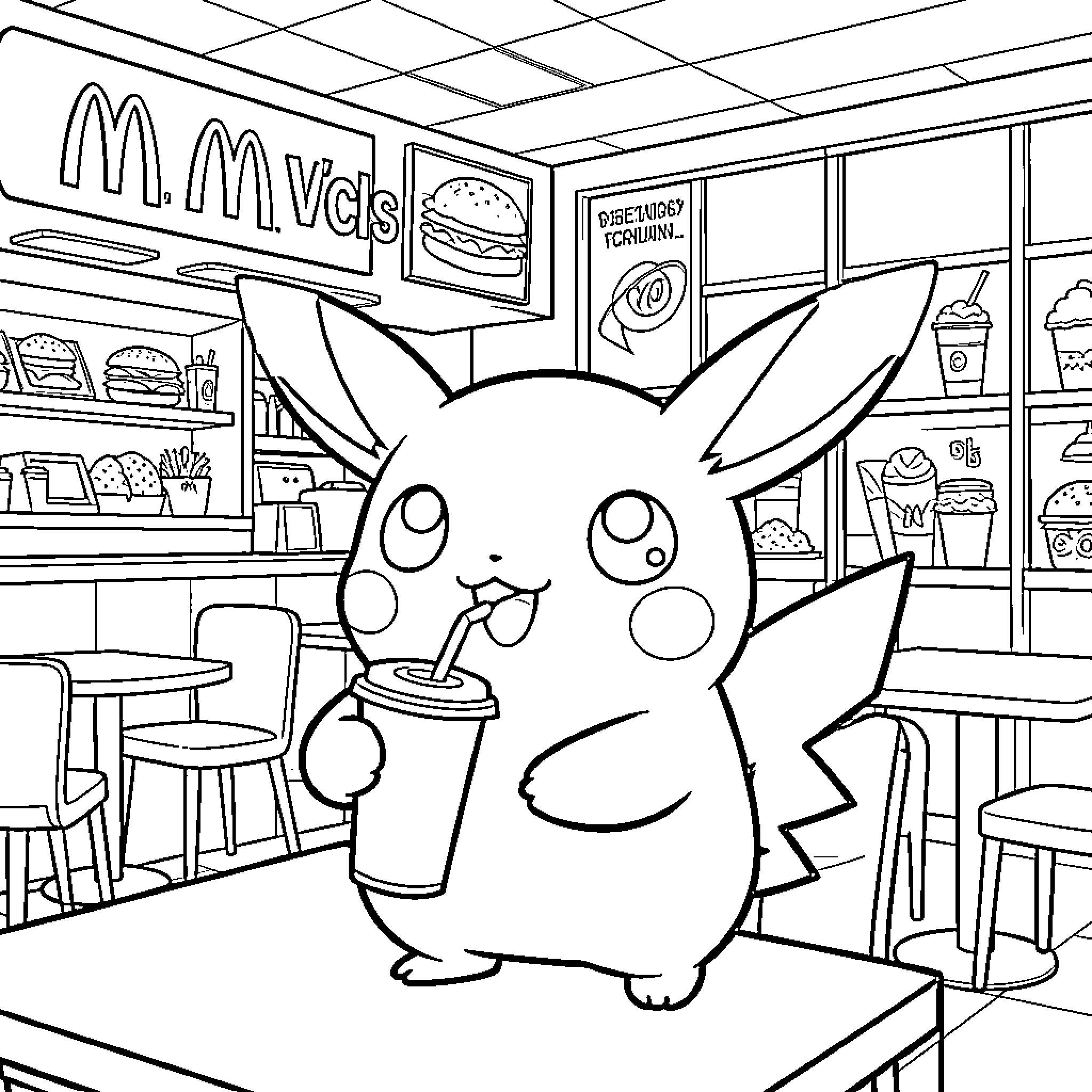 Pichu happily drinking a beverage at a restaurant Coloring Page (free black-and-white line drawing printable PDF for all, from beginners to advanced learners, including children, teens, adults, and seniors)