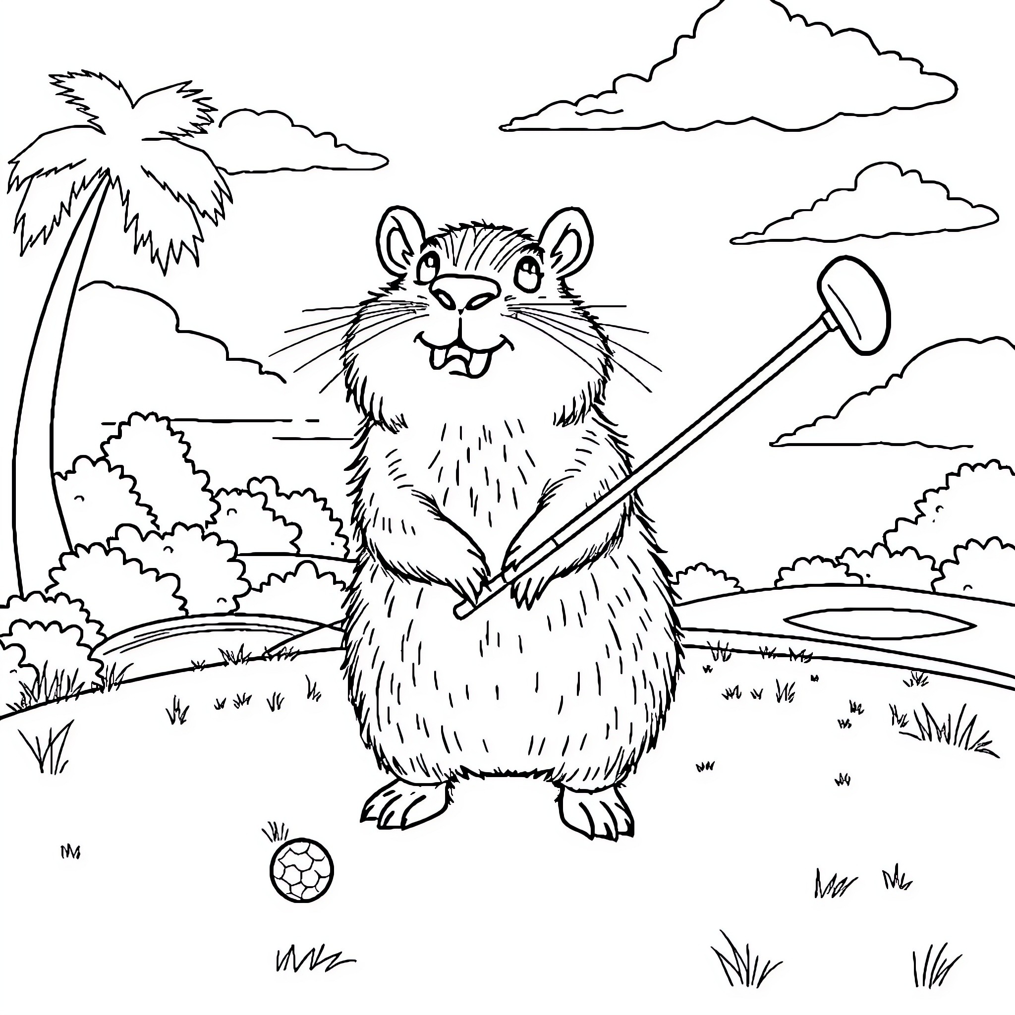 Capybara playing in the park with palm trees Coloring Page (free black-and-white line drawing printable PDF for all, from beginners to advanced learners, including children, teens, adults, and seniors)