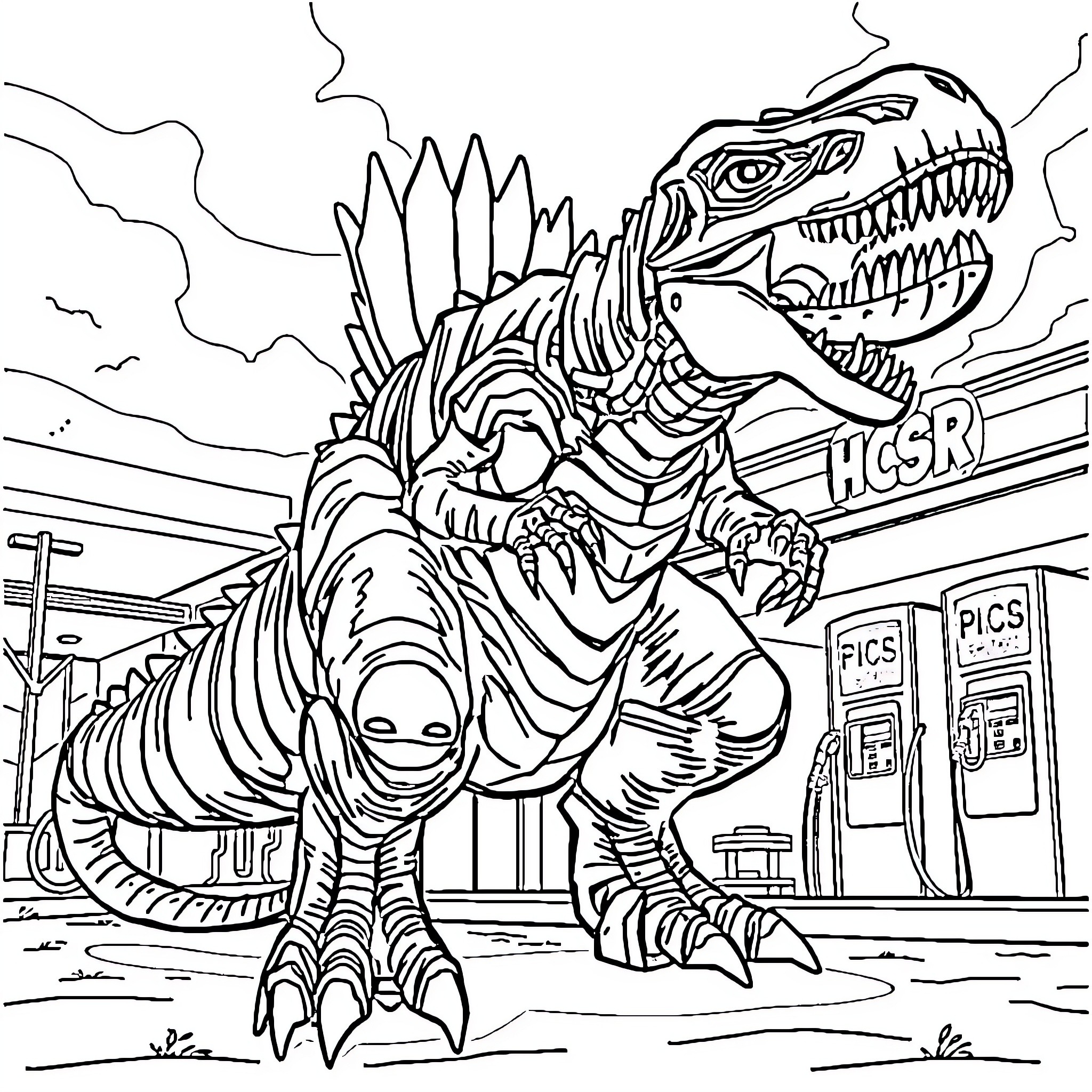 Grimlock causing mayhem at the market Coloring Page (free black-and-white line drawing printable PDF for all, from beginners to advanced learners, including children, teens, adults, and seniors)