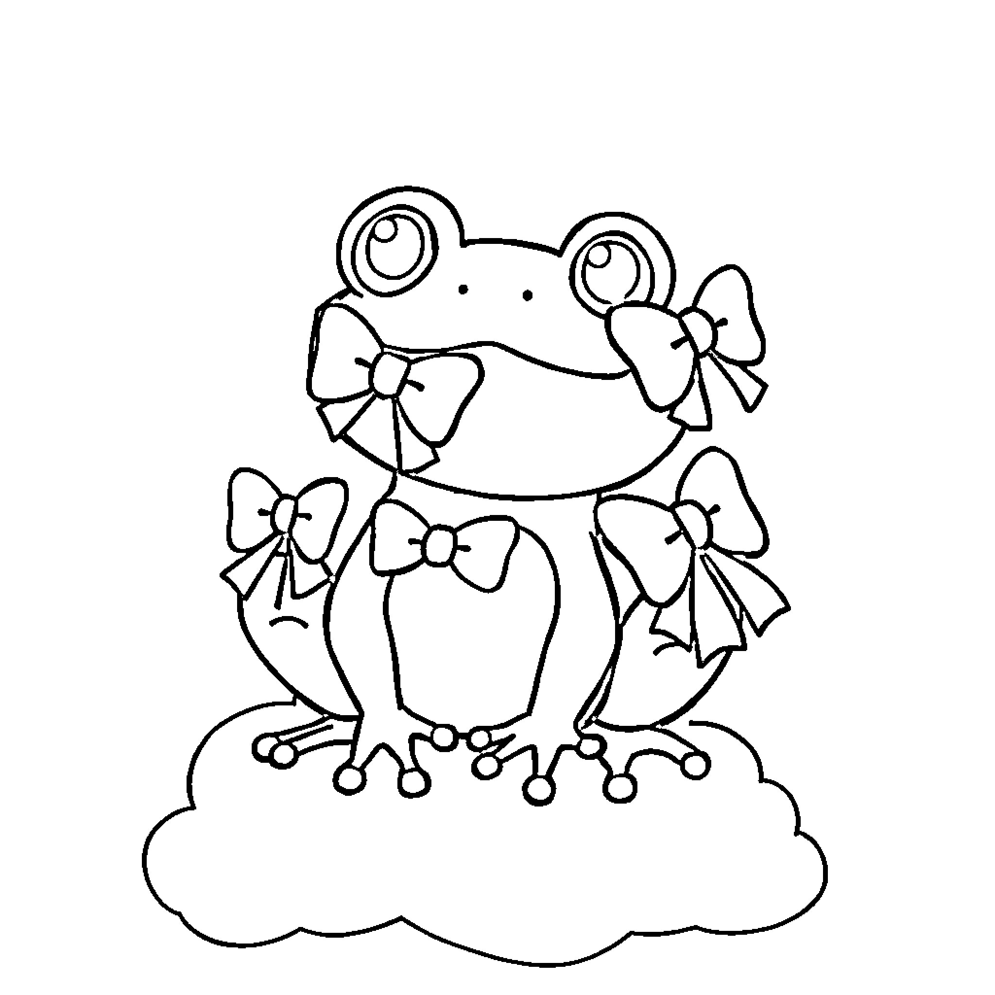 Frog wearing bows posing on a cloud Coloring Page (free black-and-white line drawing printable PDF for all, from beginners to advanced learners, including children, teens, adults, and seniors)
