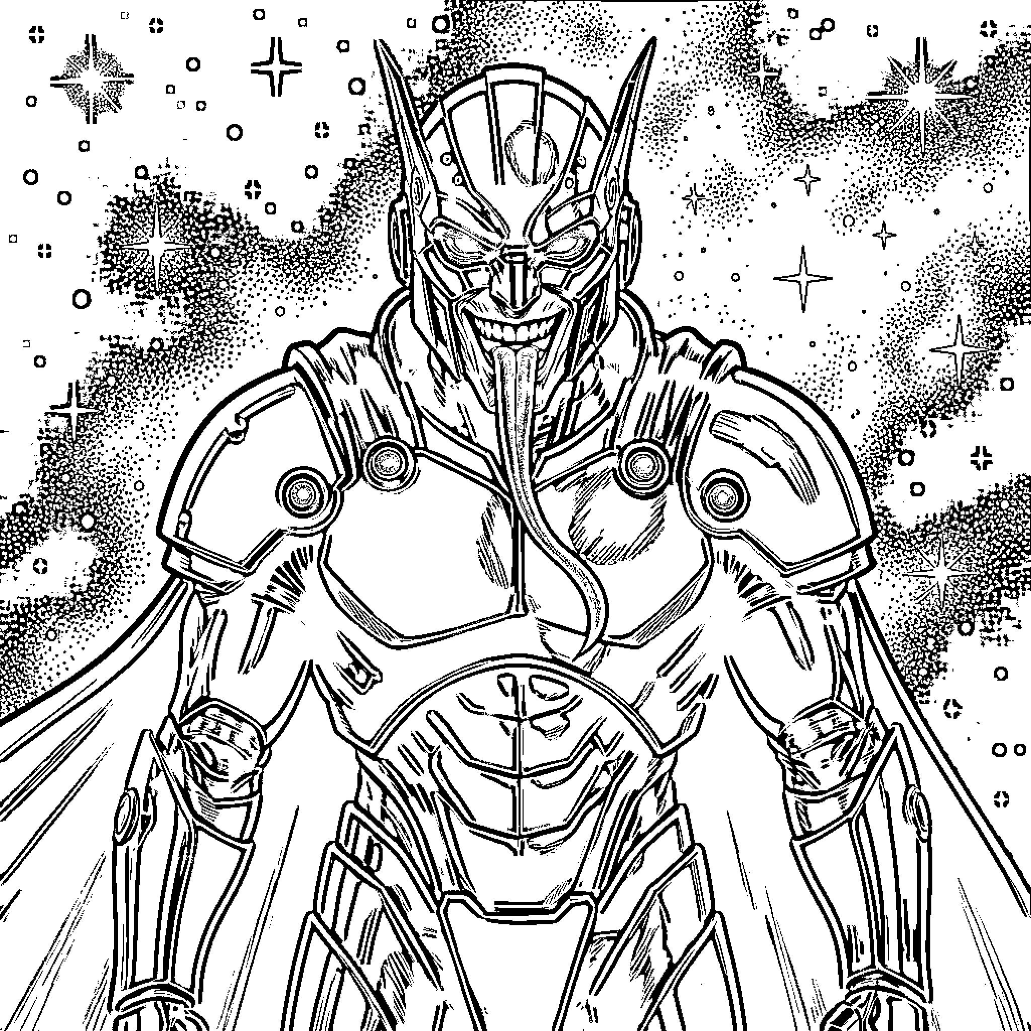 Seigneur Galactique wearing ornate armor amidst a starry cosmos Coloring Page (free black-and-white line drawing printable PDF for all, from beginners to advanced learners, including children, teens, adults, and seniors)